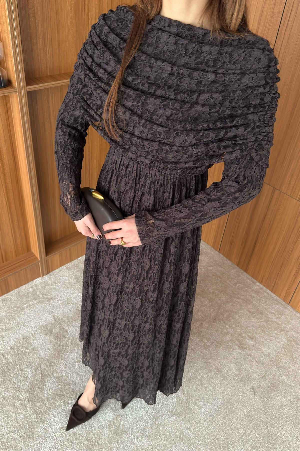 Aller Yakalı Dantel Elbise - KAHVE