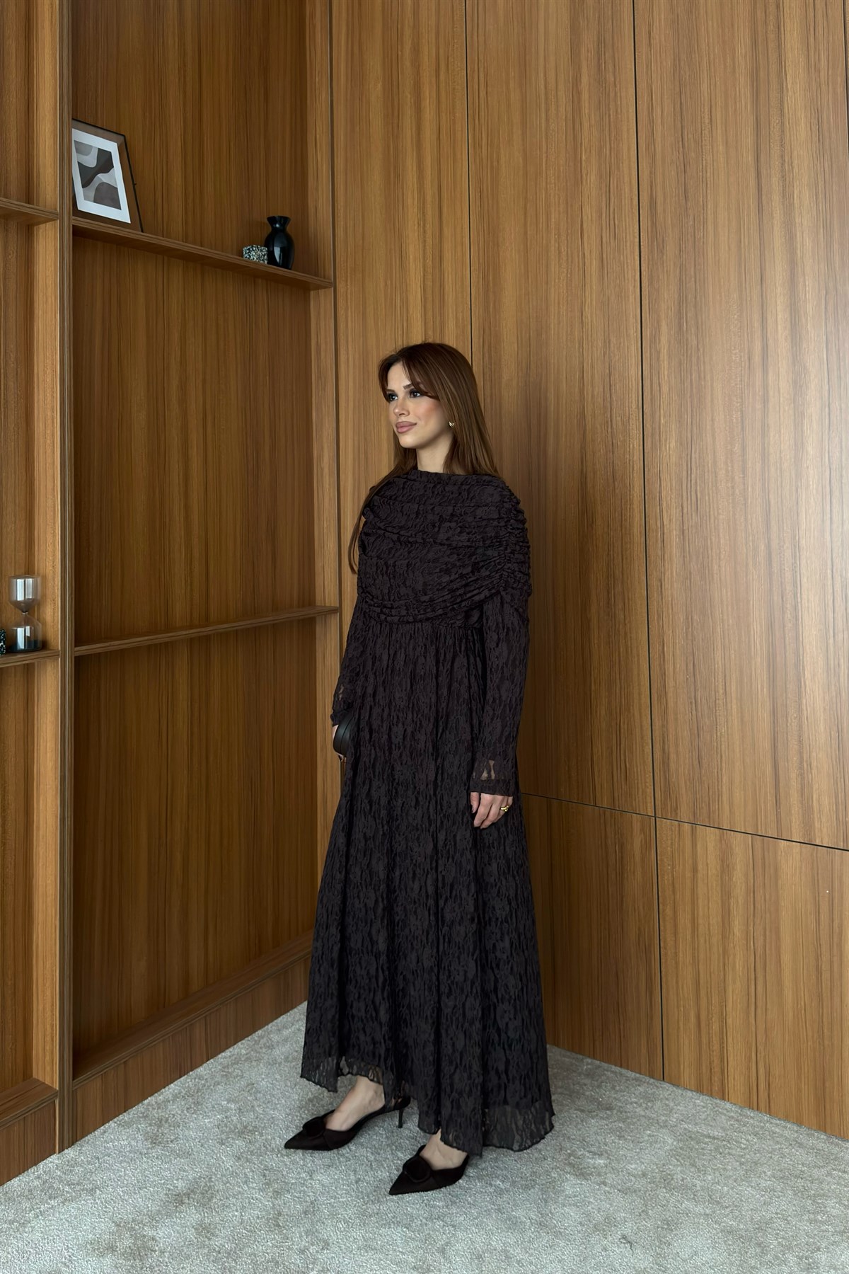 Aller Yakalı Dantel Elbise - KAHVE