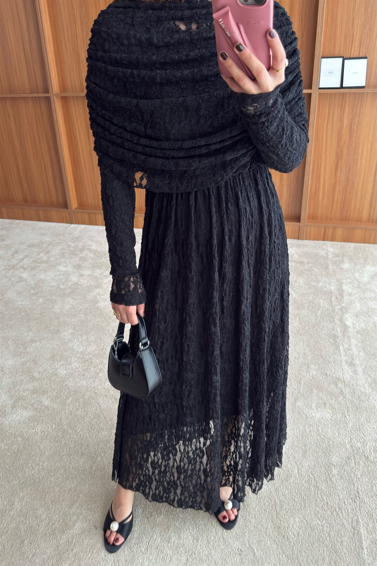 Aller Yakalı Dantel Elbise - SİYAH