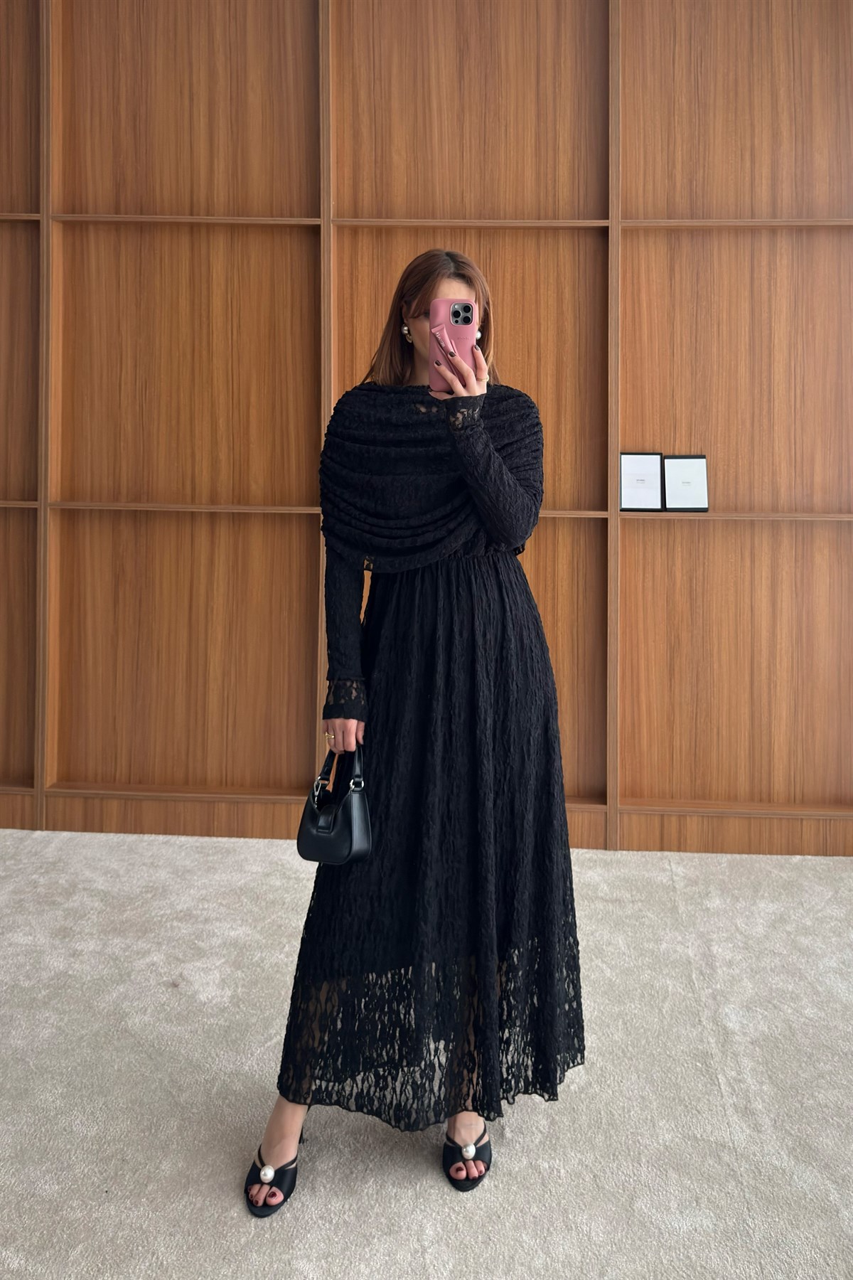 Aller Yakalı Dantel Elbise - SİYAH