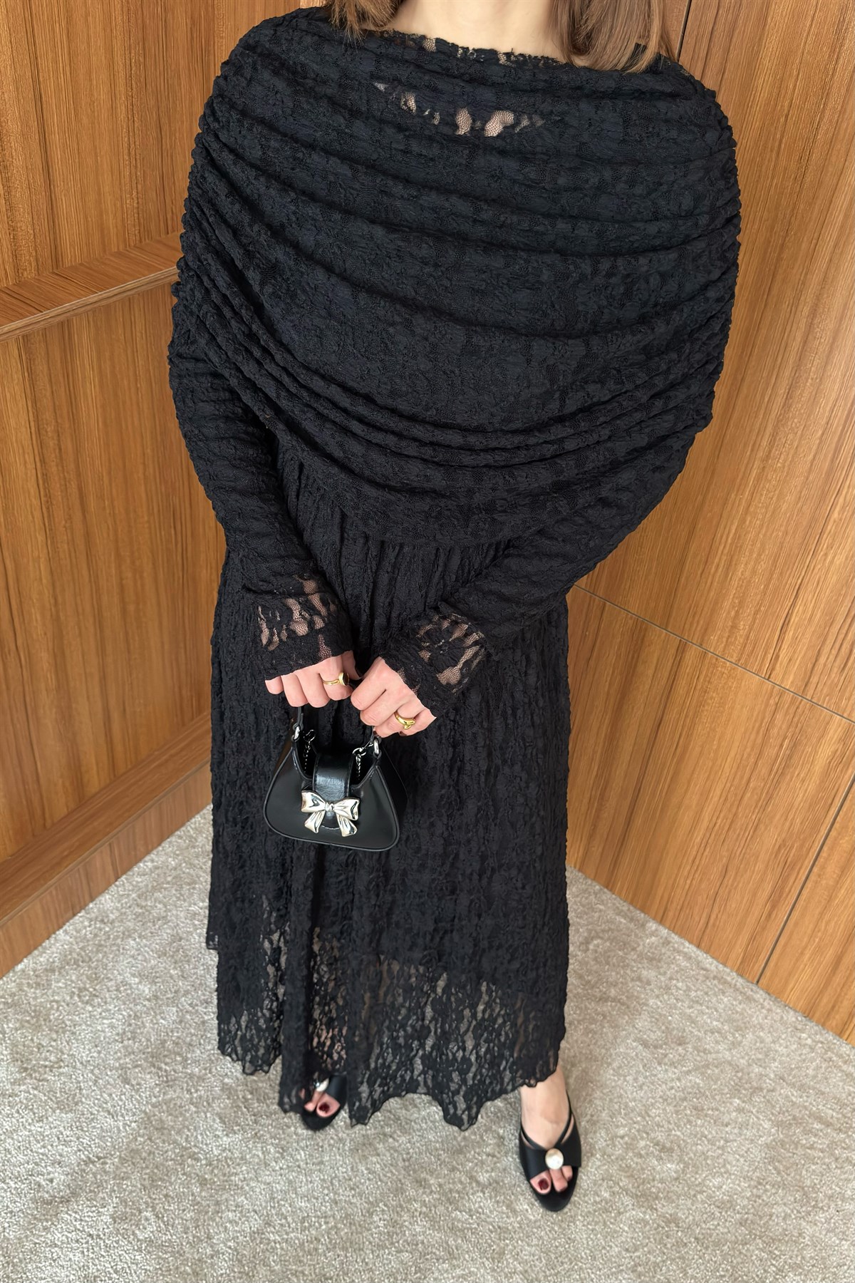 Aller Yakalı Dantel Elbise - SİYAH