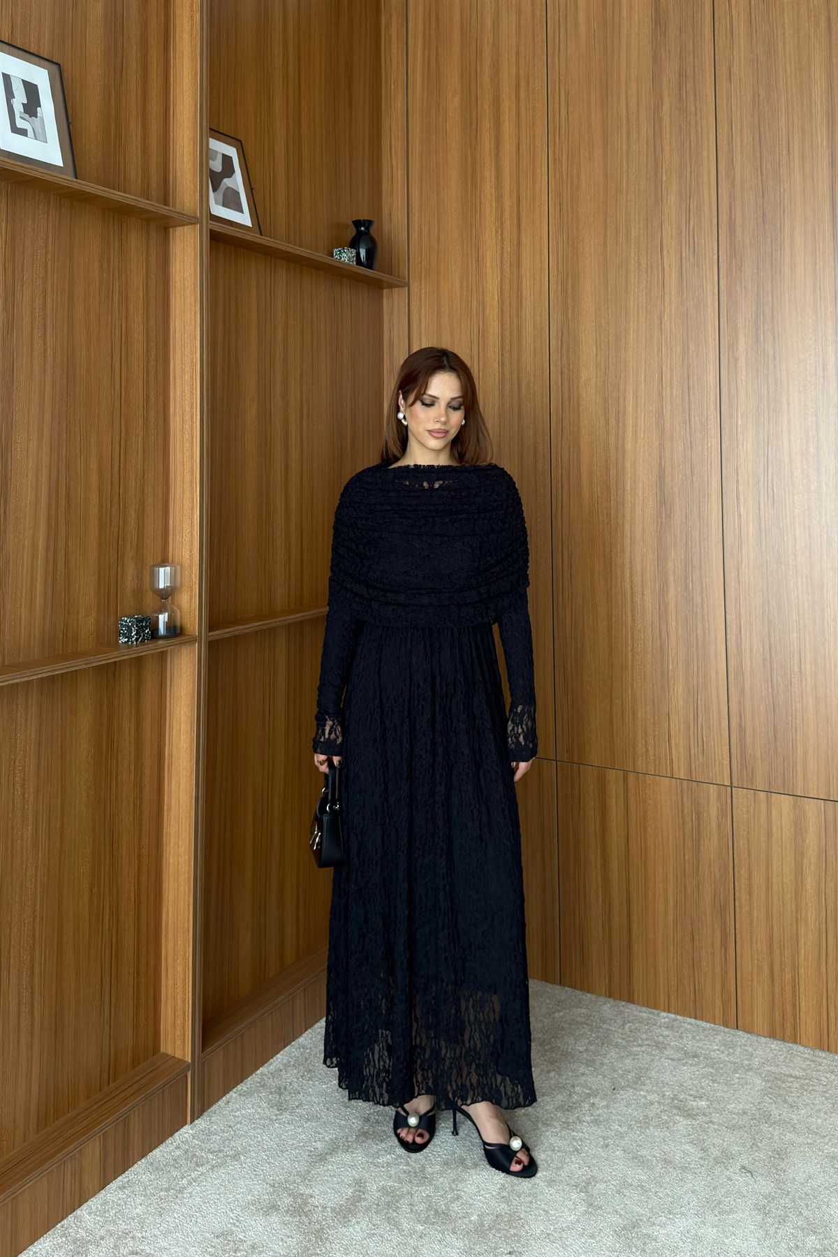 Aller Yakalı Dantel Elbise - SİYAH