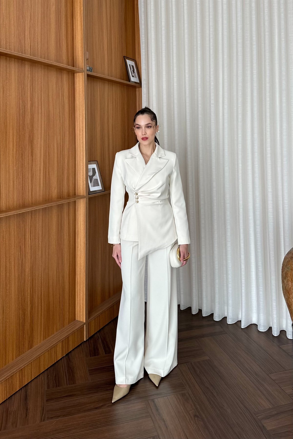 Asimetrik Blazer Pantolon Takım - EKRU