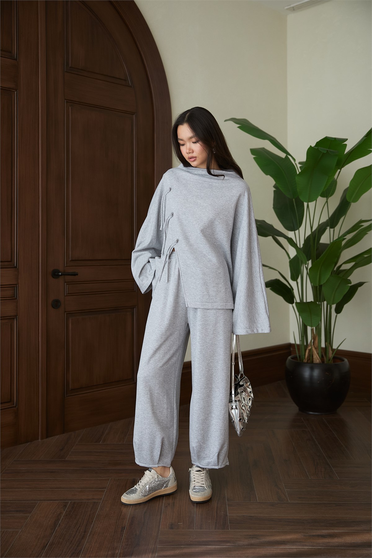 Asimetrik Detaylı Pantolon Takım - GRİ