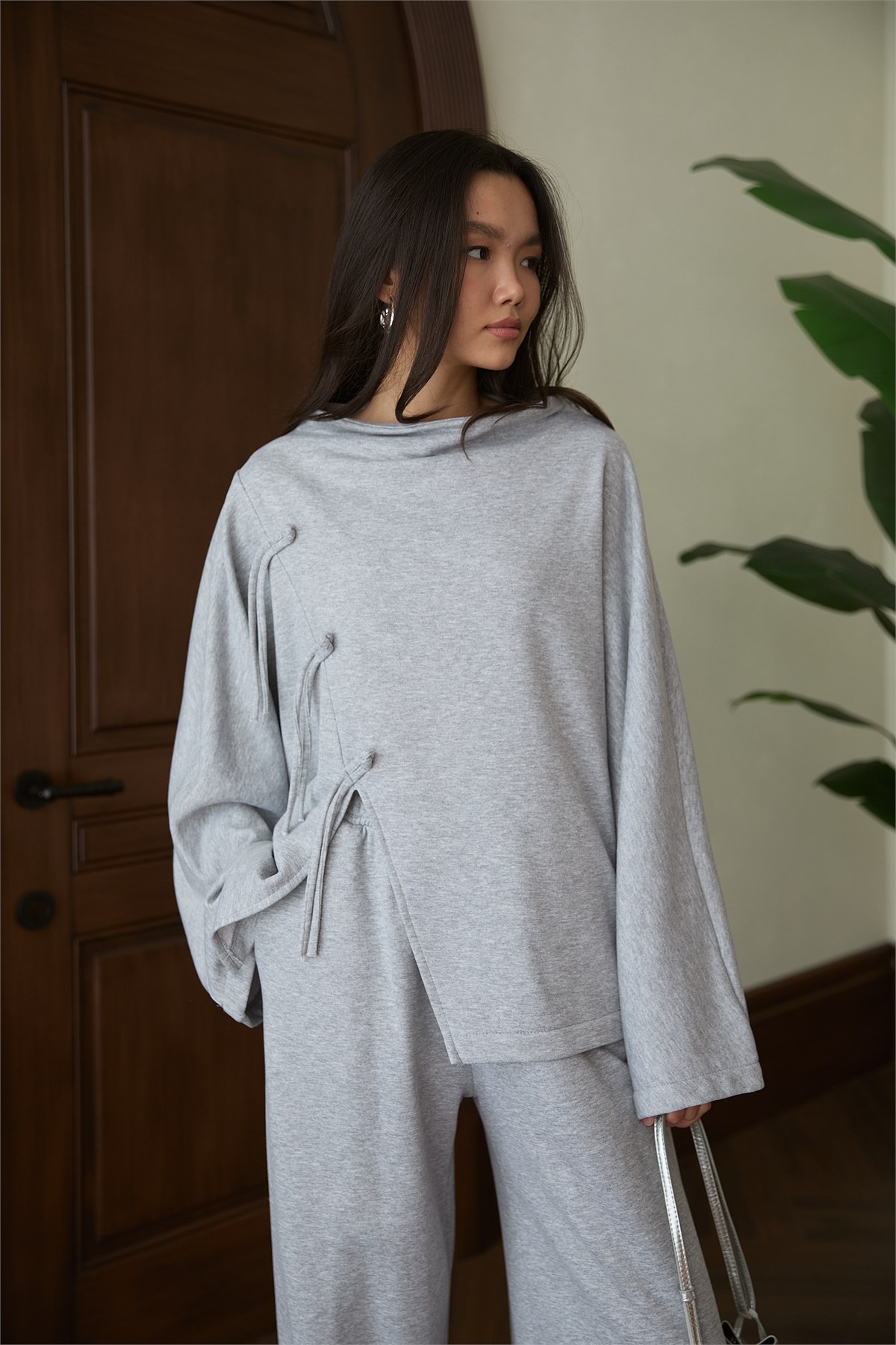 Asimetrik Detaylı Pantolon Takım - GRİ