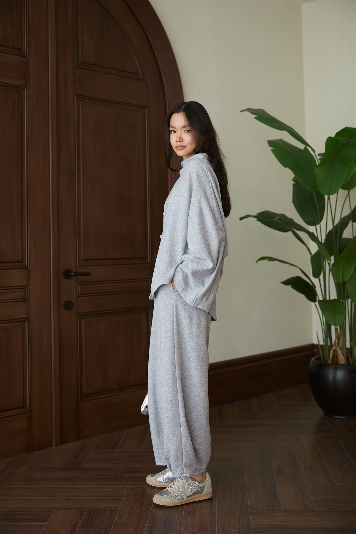 Asimetrik Detaylı Pantolon Takım - GRİ