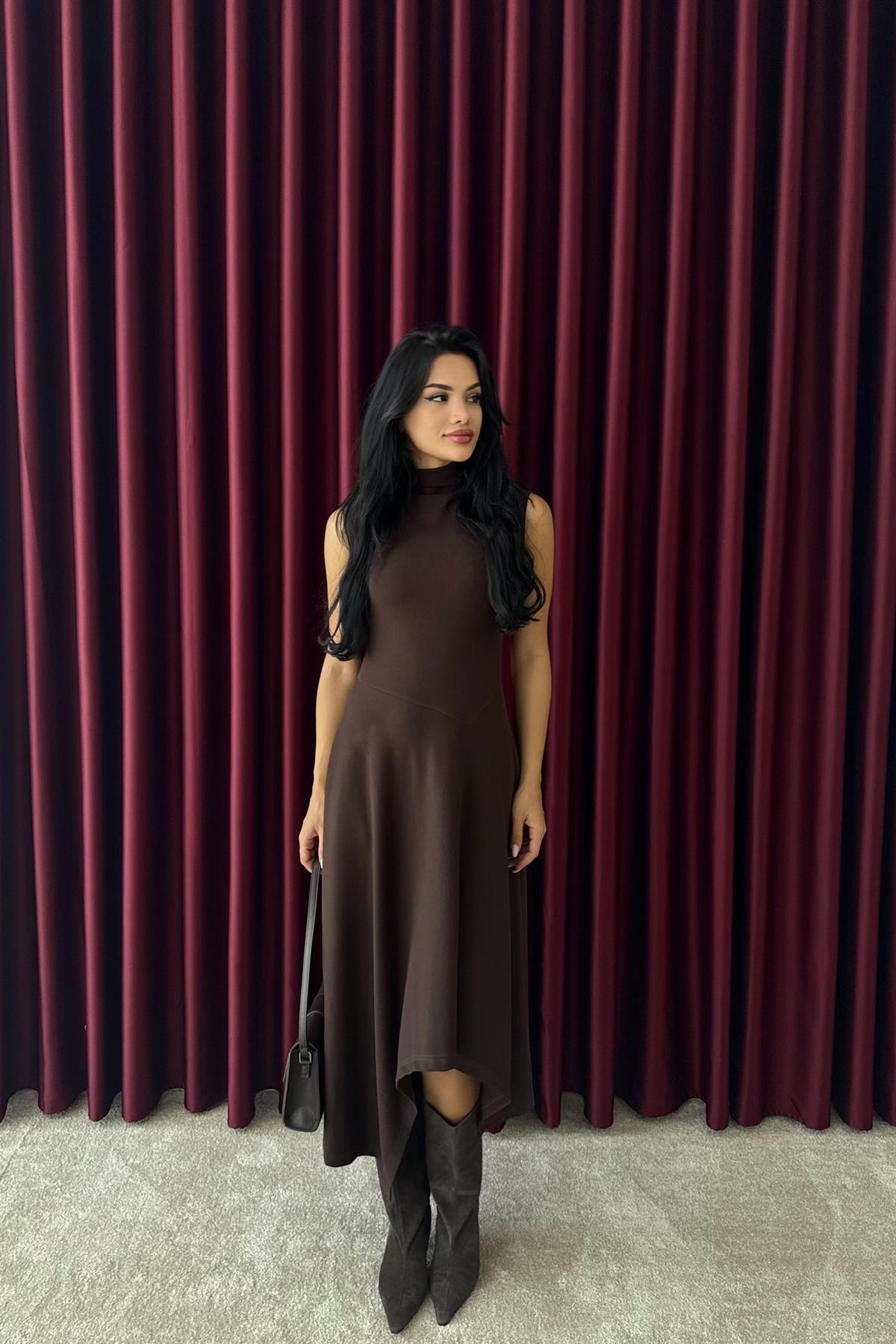 Asimetrik Triko Elbise - KAHVERENGİ