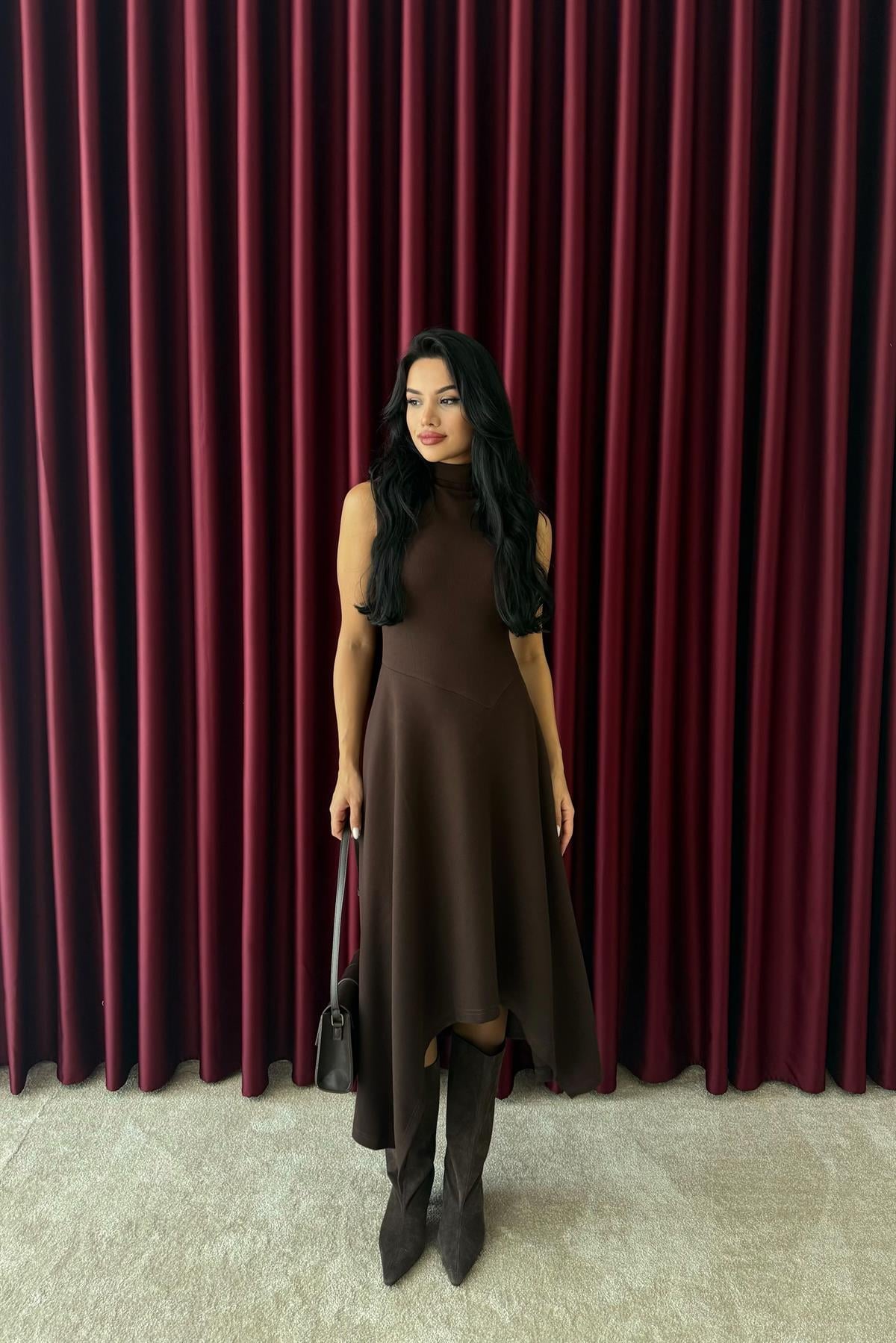 Asimetrik Triko Elbise - KAHVERENGİ