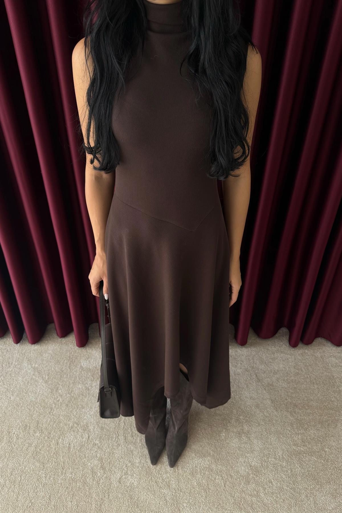 Asimetrik Triko Elbise - KAHVERENGİ