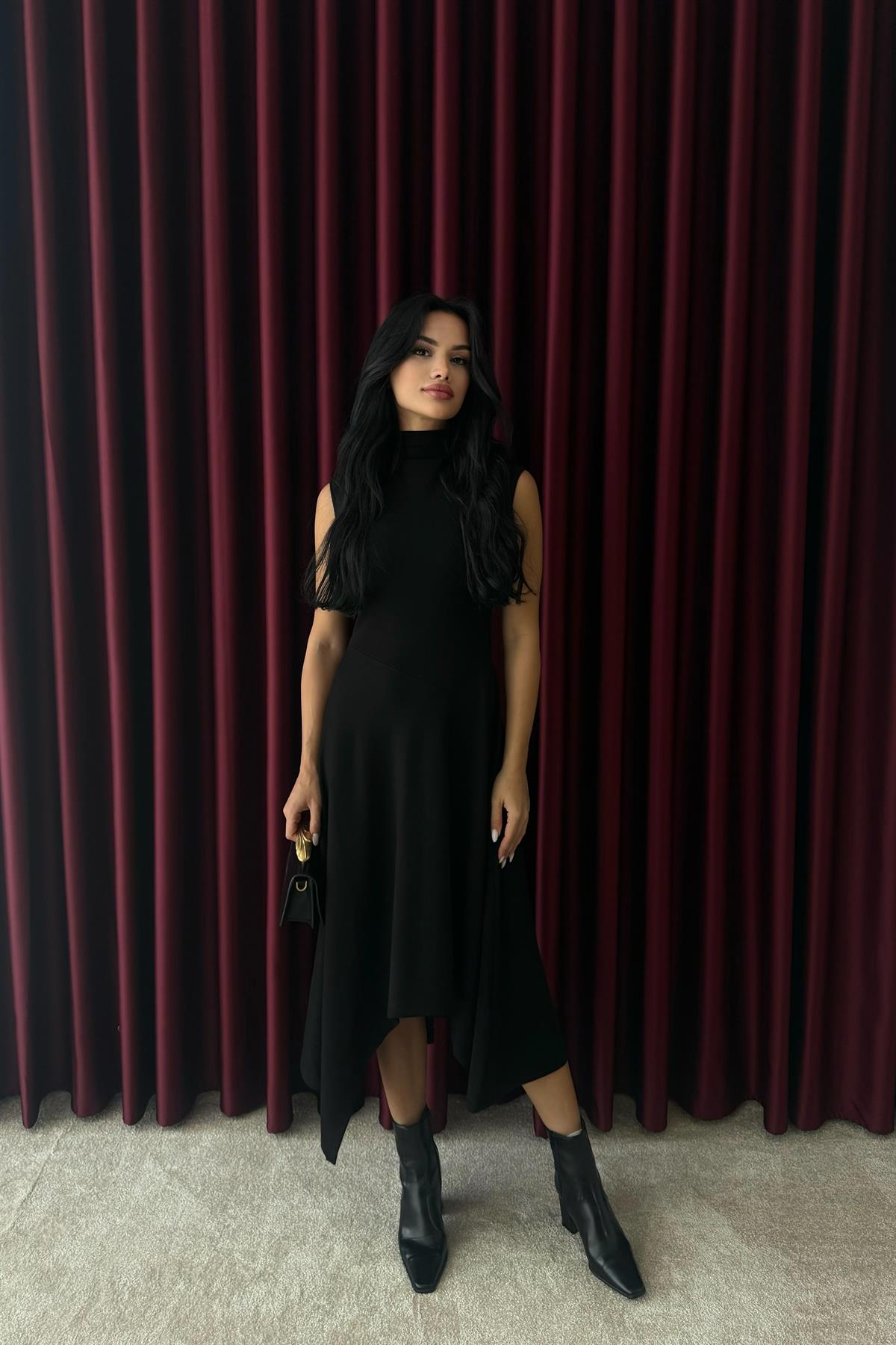 Asimetrik Triko Elbise - SİYAH