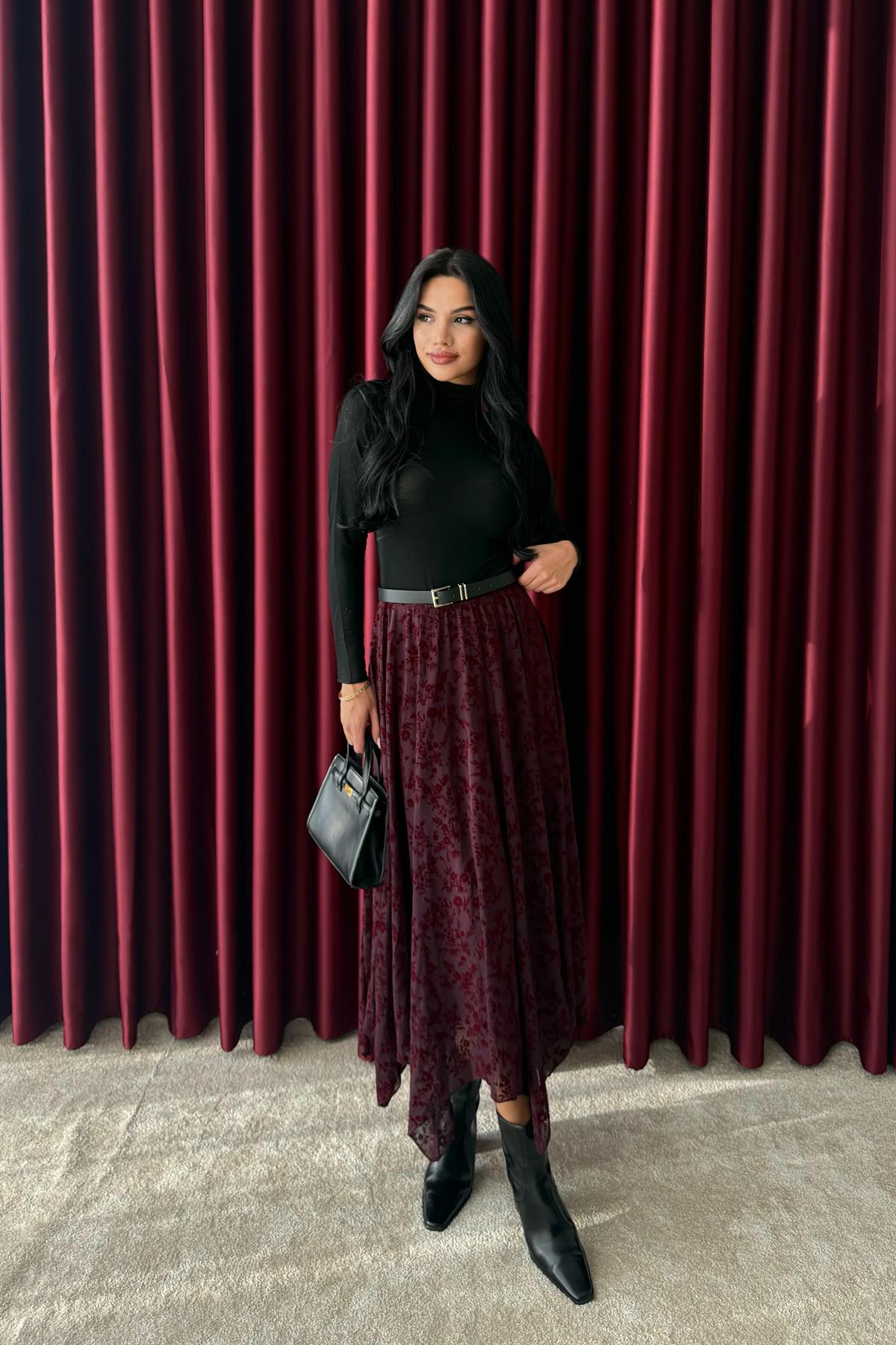 Asimetrik Tül Etek - BORDO