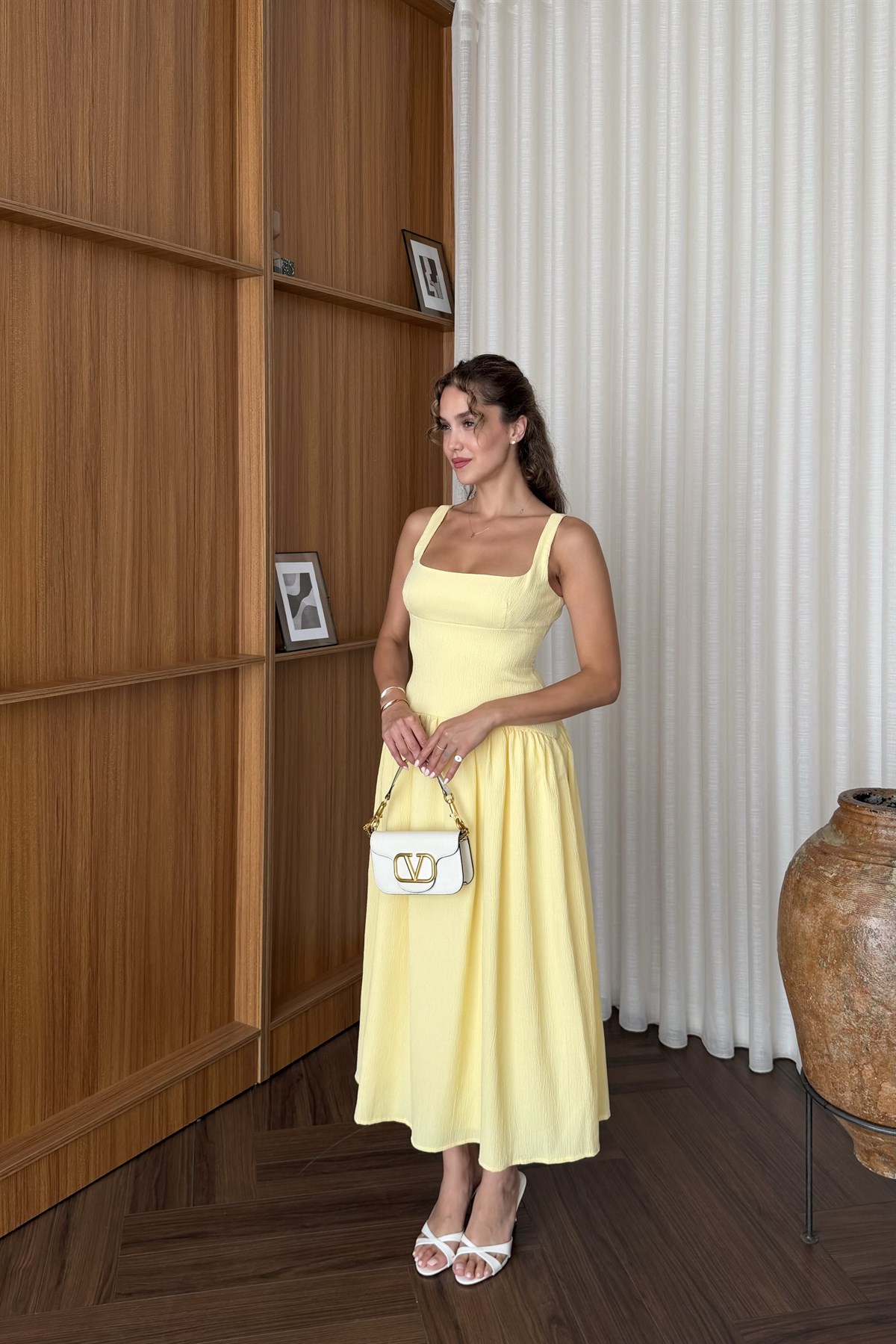 Askılı Bürümcük Elbise - SARI