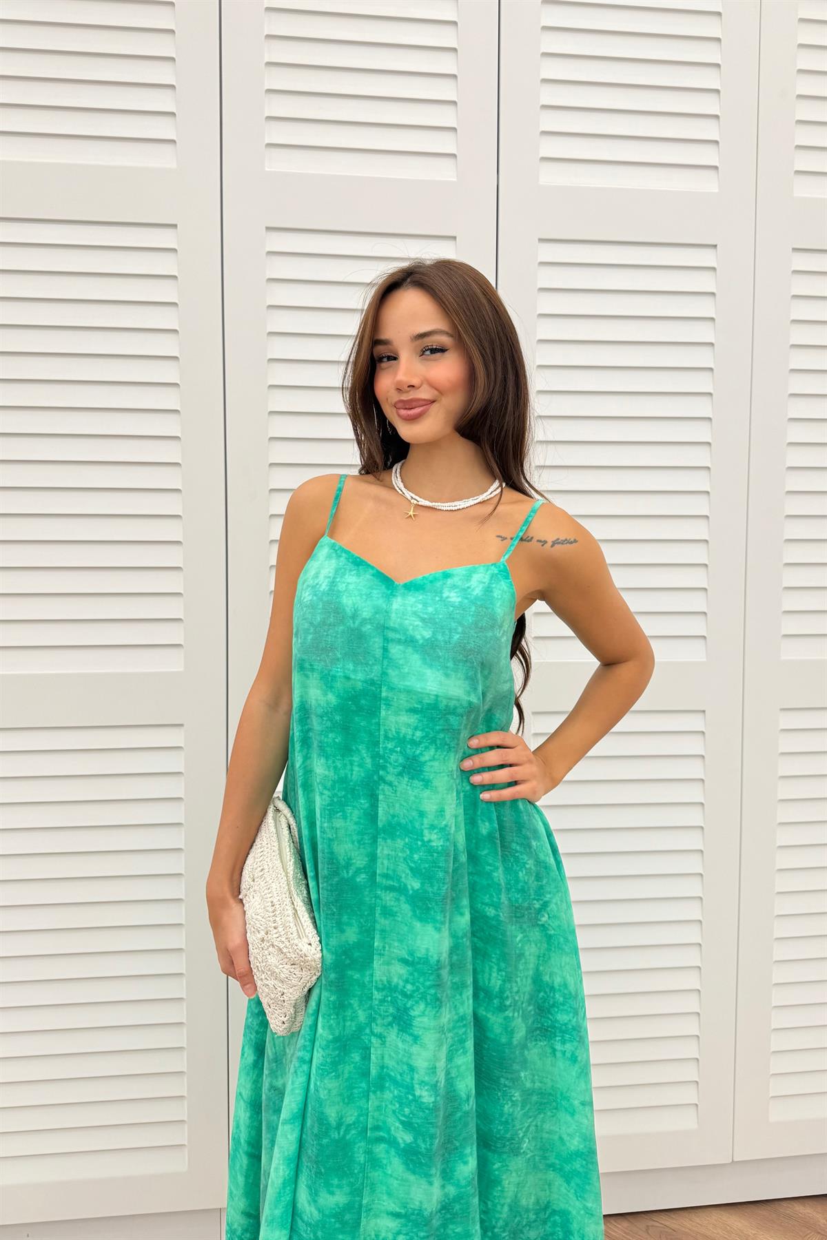 Astarlı Askılı Şifon Elbise - YEŞİL
