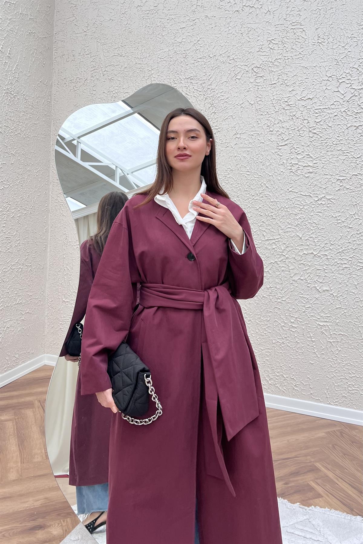 Atkı Detaylı Trençkot - BORDO