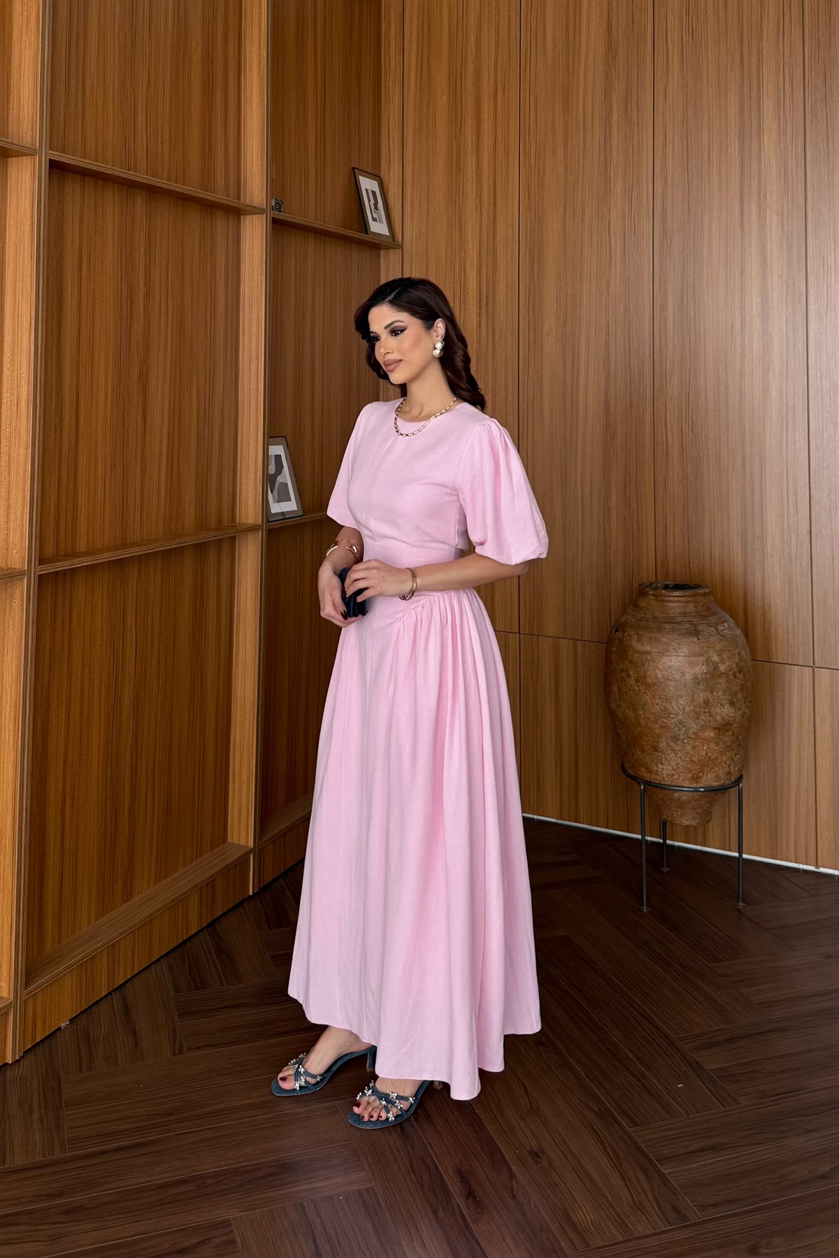 Balon Kol Keten Elbise - PEMBE