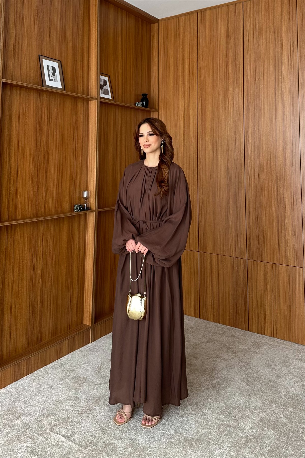 Balon Kol Modal Elbise - KAHVE