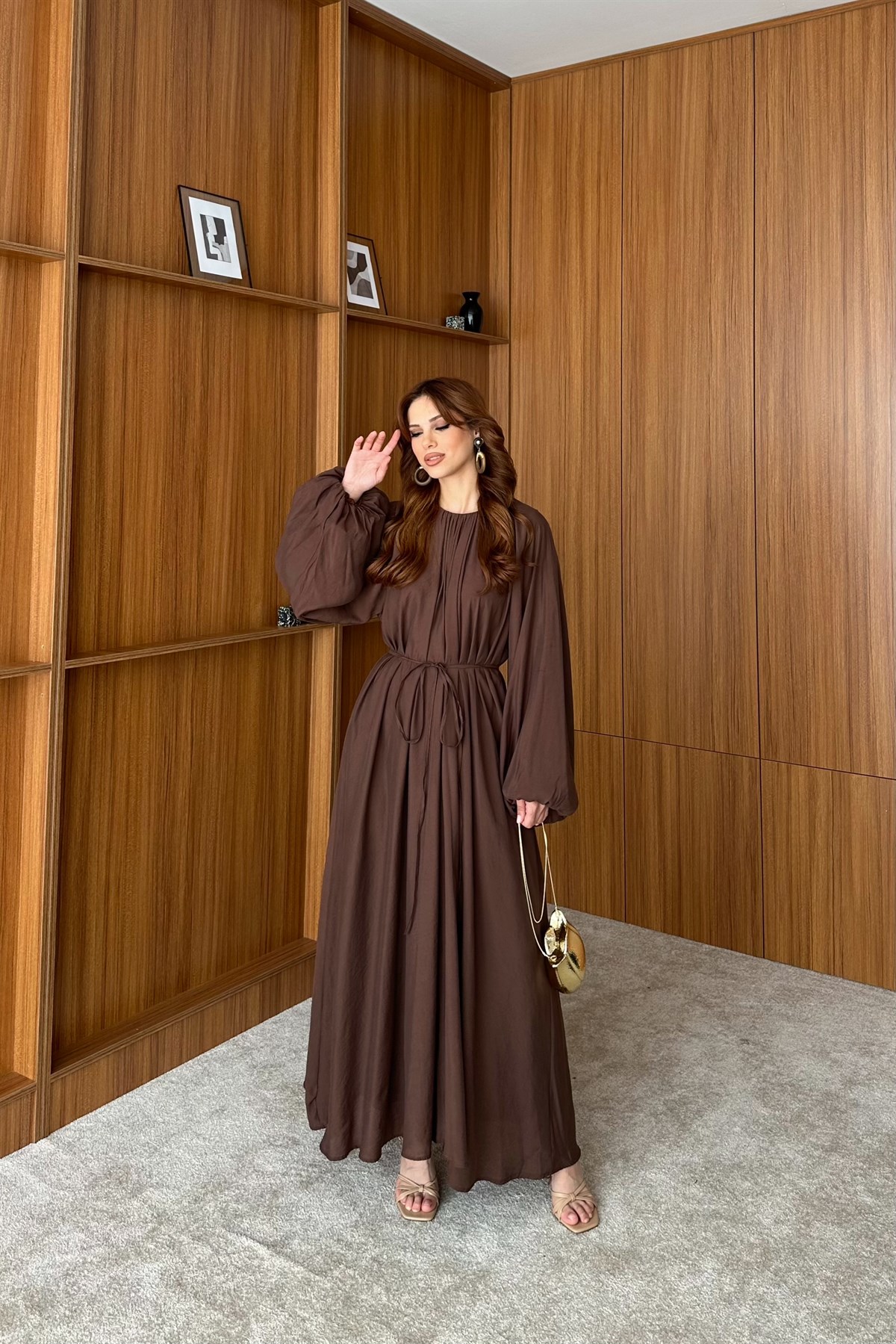 Balon Kol Modal Elbise - KAHVE