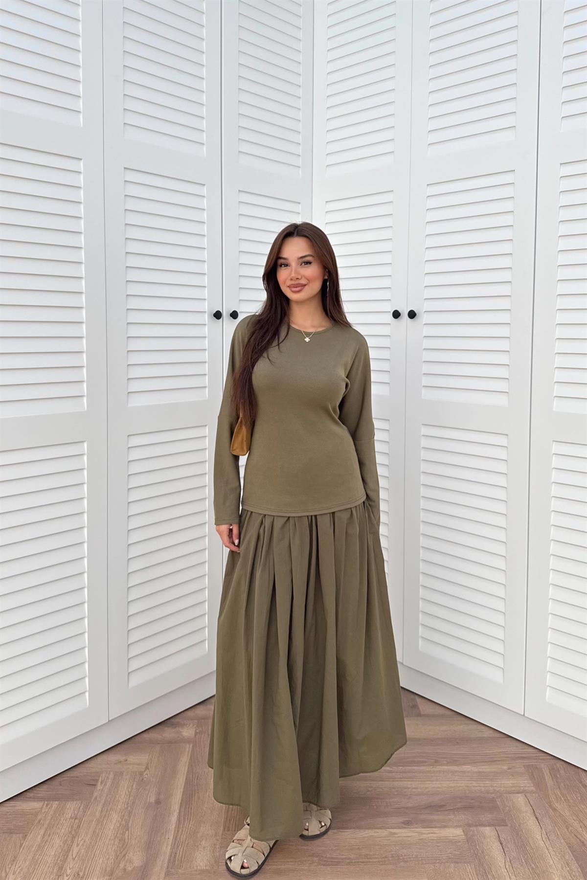 Basic Kraşlı Elbise - HAKİ