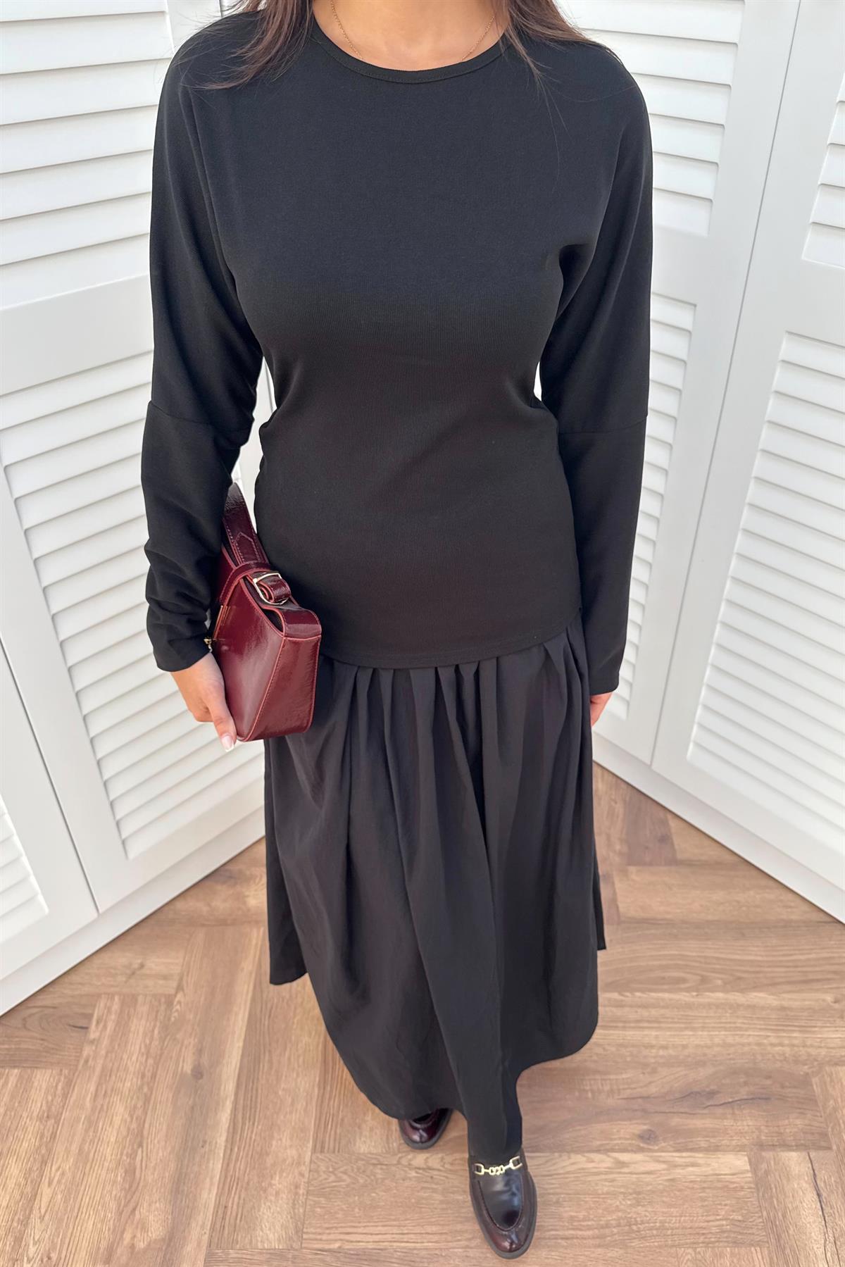 Basic Kraşlı Elbise - SİYAH