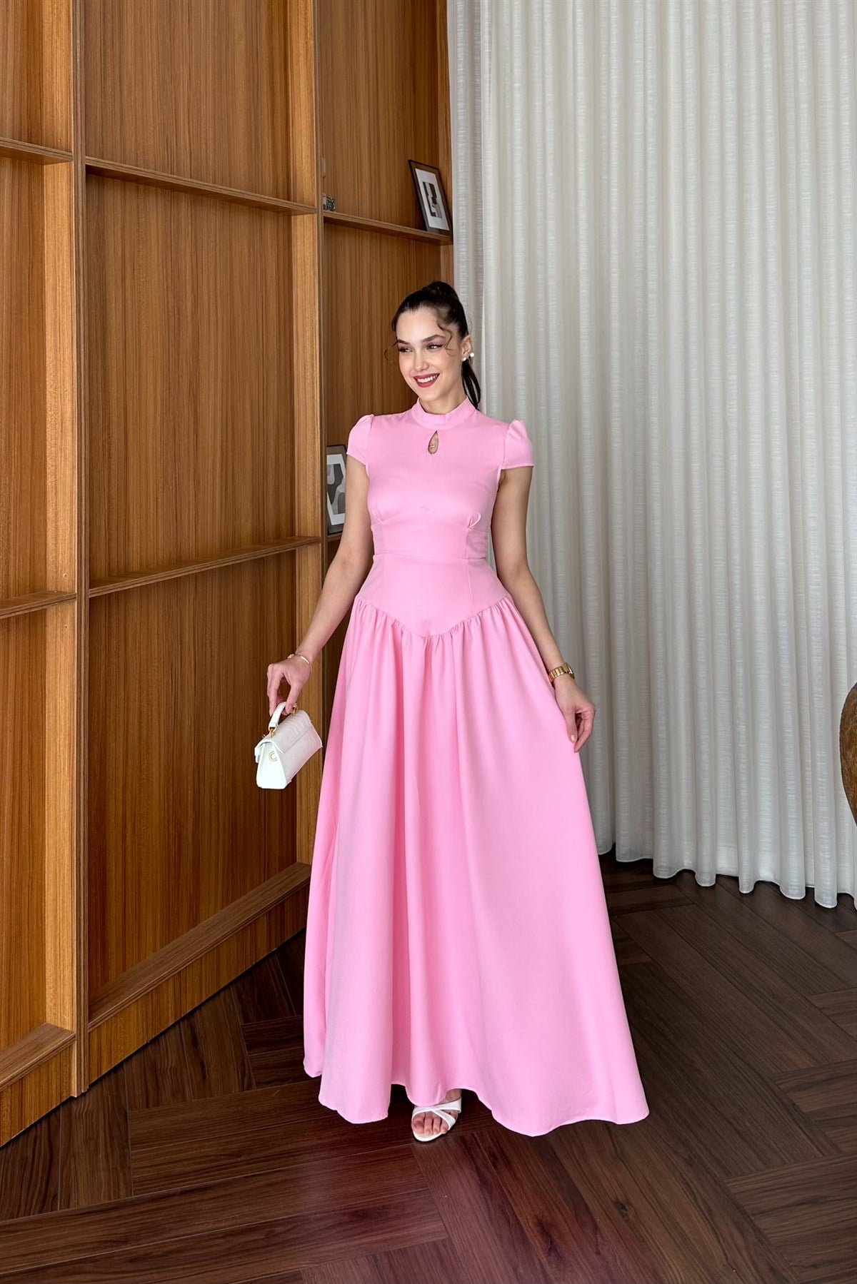 Bel Detaylı Elbise - PEMBE