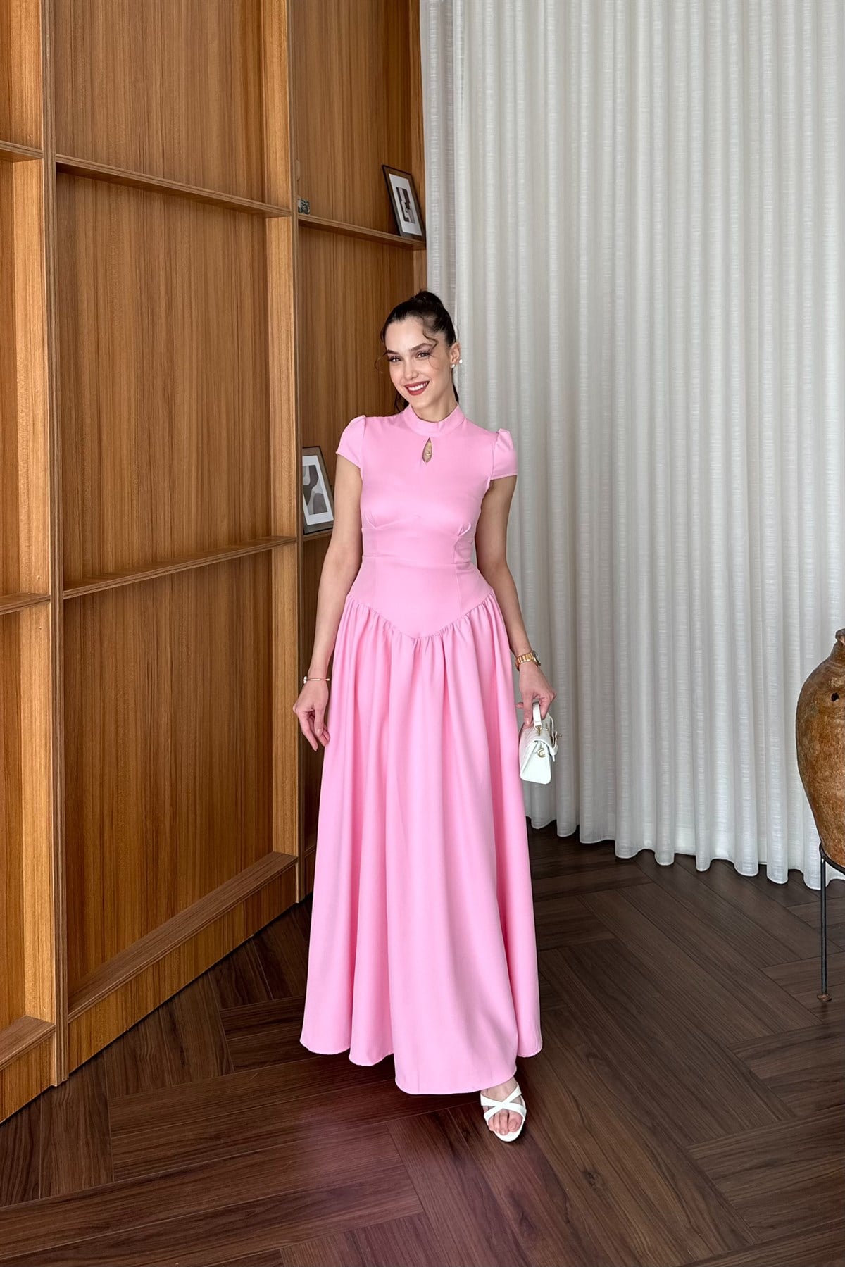 Bel Detaylı Elbise - PEMBE