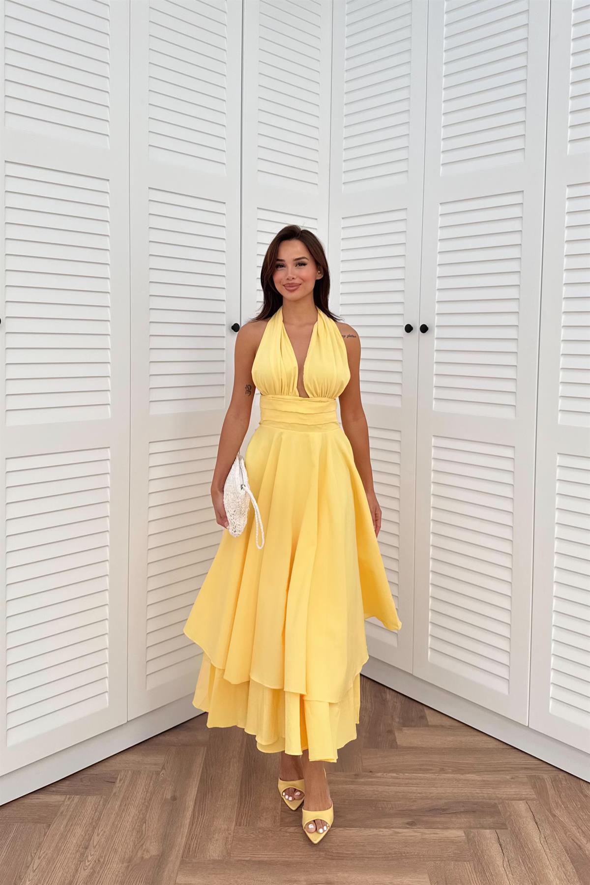 Bel Detaylı Poplin Elbise - SARI