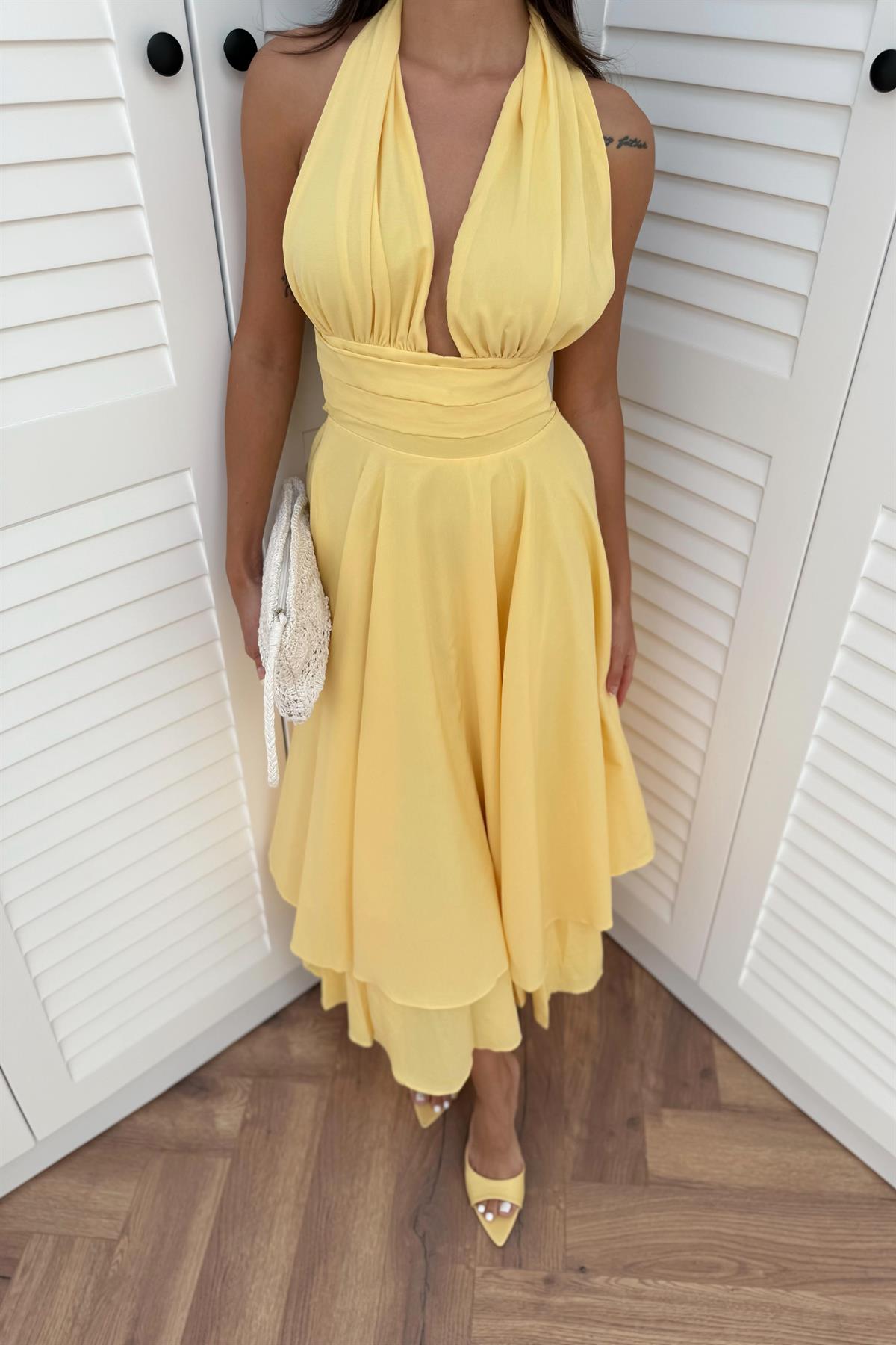 Bel Detaylı Poplin Elbise - SARI