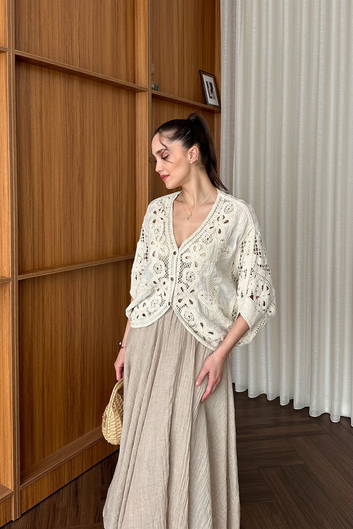 Brode İşlemeli Kimono - BEJ