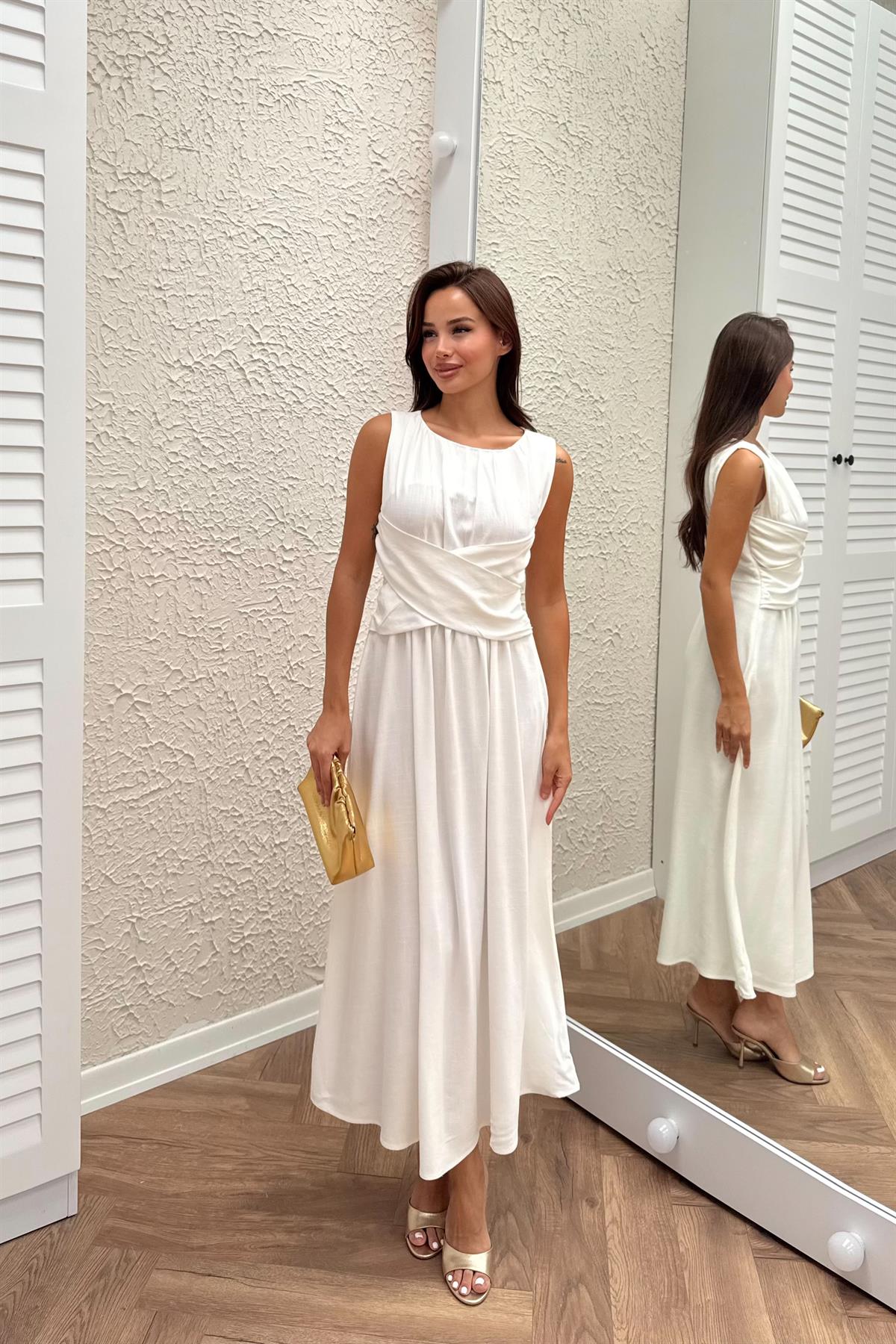 Çapraz Bel Detaylı Maxi Boy Elbise - EKRU