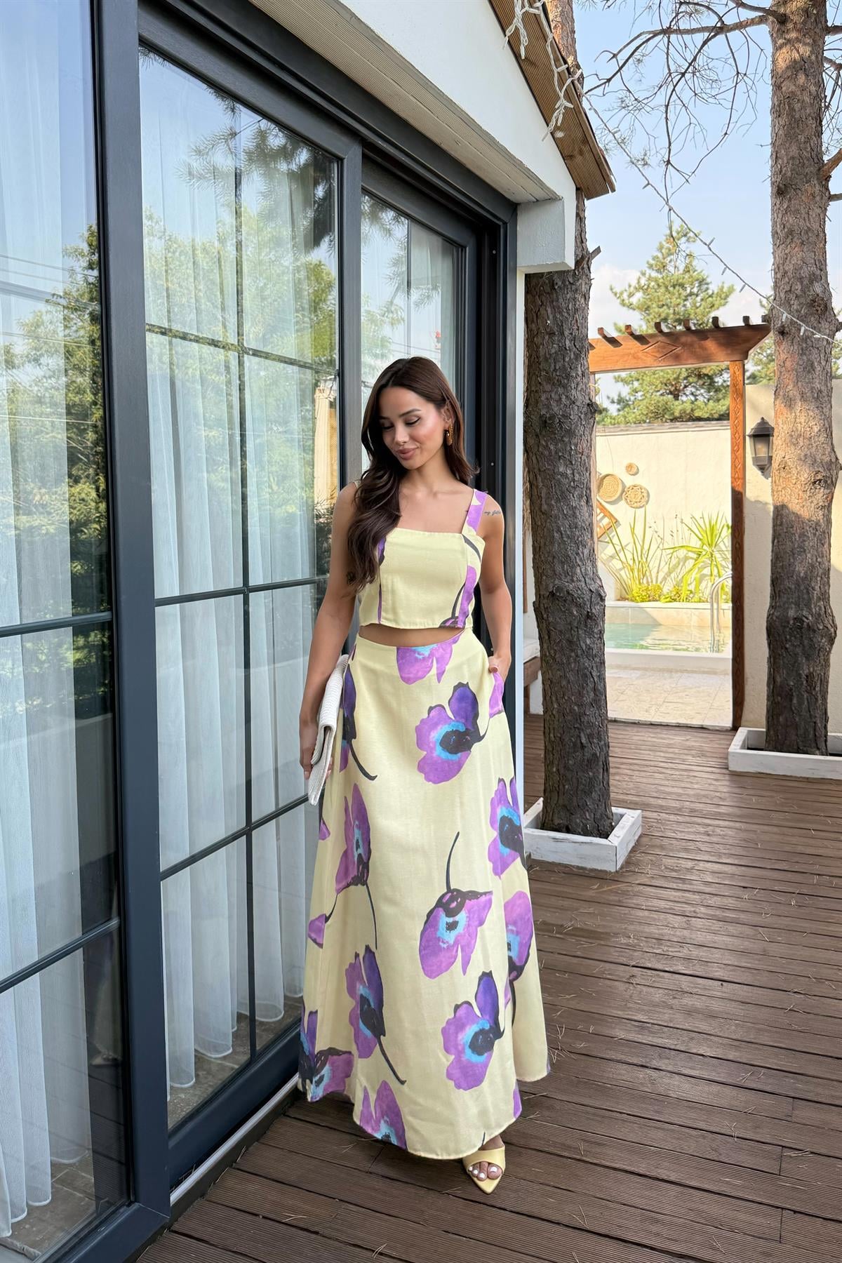 Çiçek Desenli Keten Crop Etek Takım - SARI