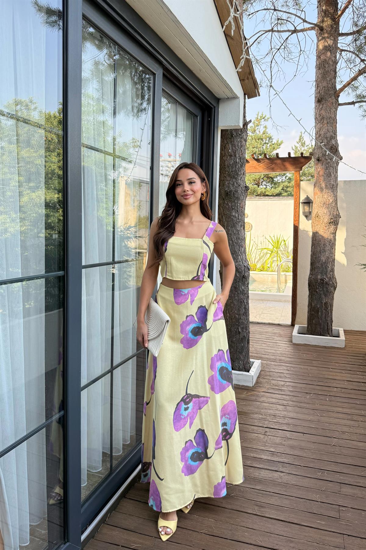 Çiçek Desenli Keten Crop Etek Takım - SARI