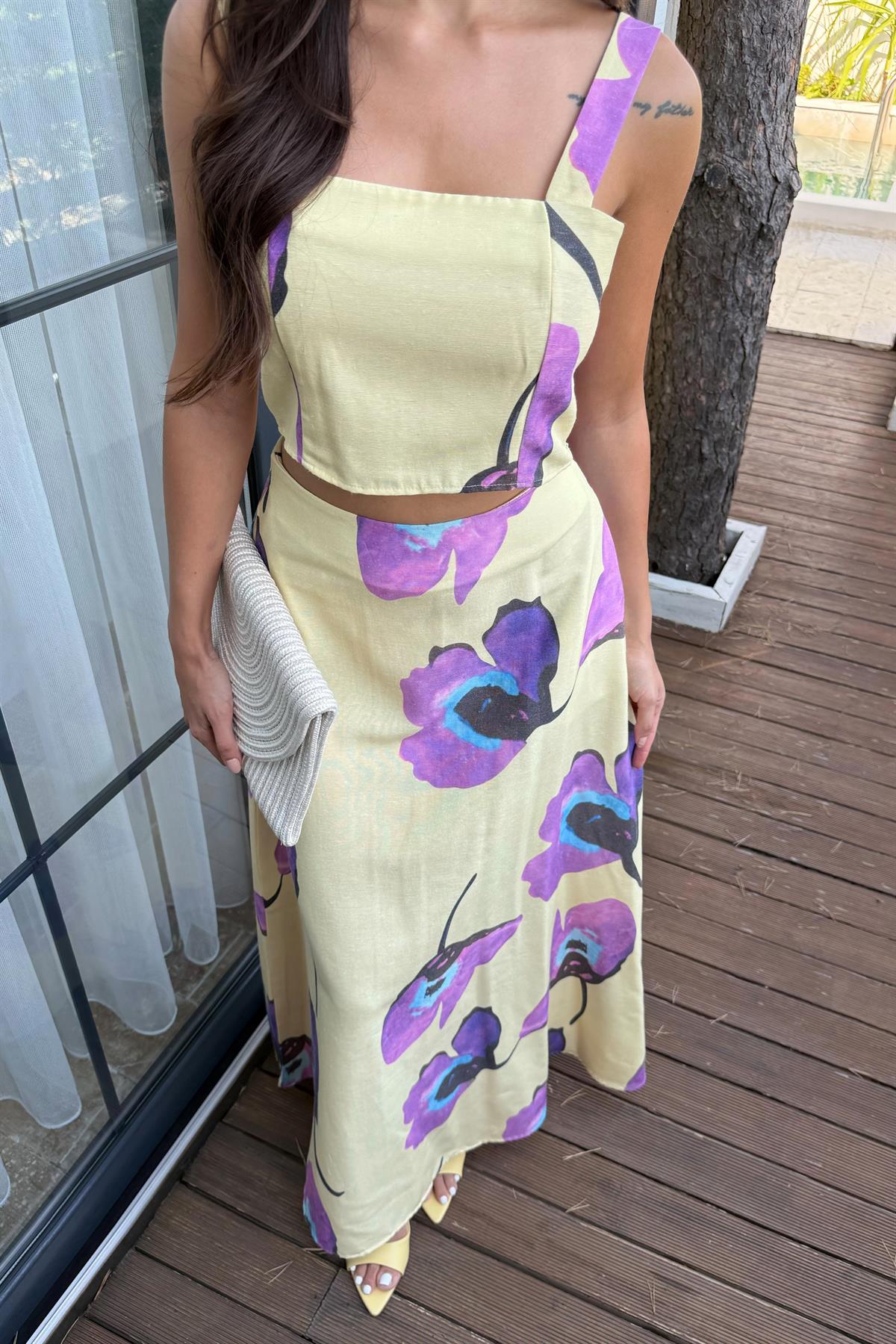 Çiçek Desenli Keten Crop Etek Takım - SARI