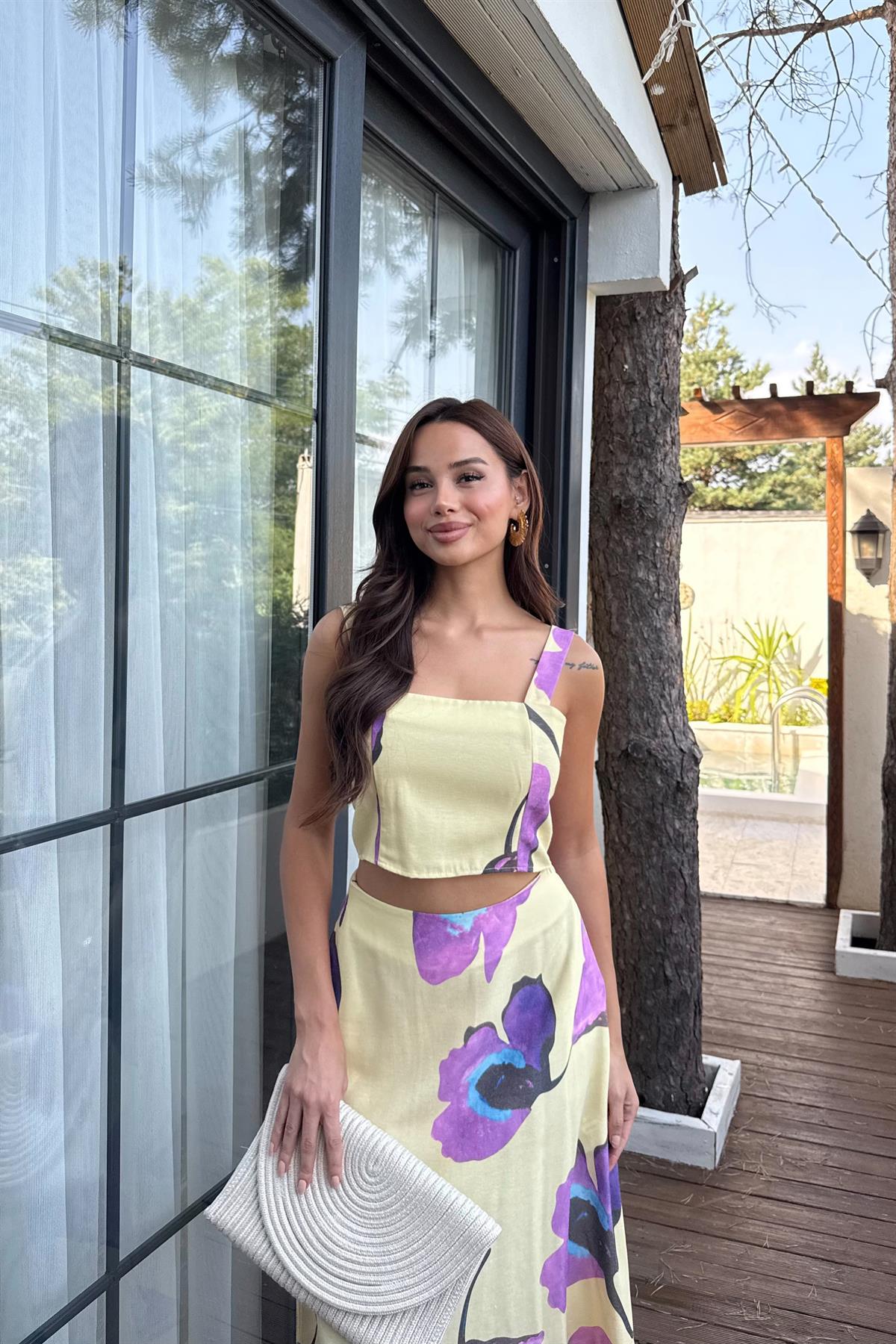 Çiçek Desenli Keten Crop Etek Takım - SARI
