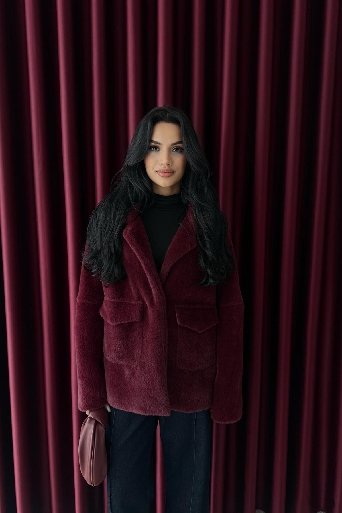 Çift Cepli Peluş Ceket - BORDO