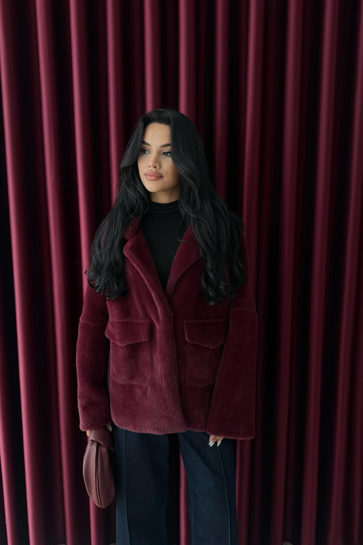 Çift Cepli Peluş Ceket - BORDO