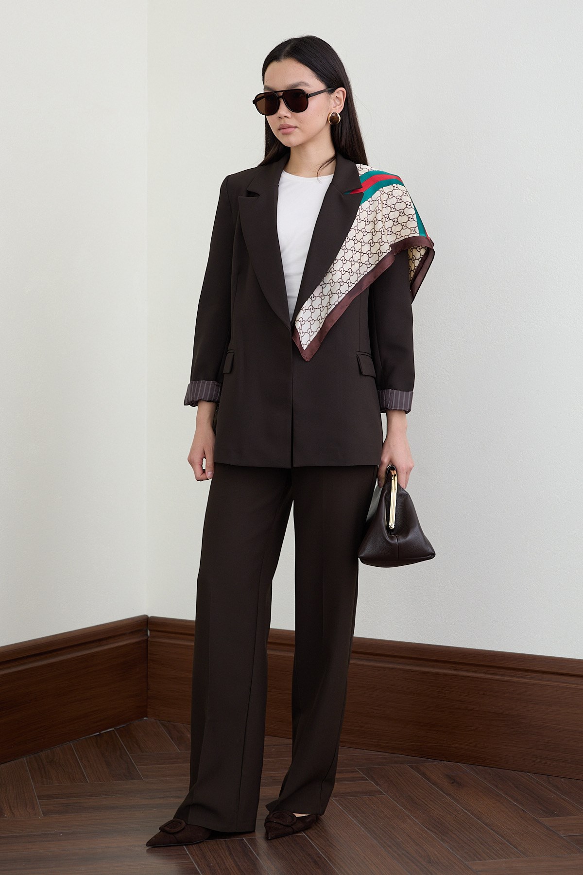 Çizgili Blazer Ceket Pantolon Takım - KAHVE