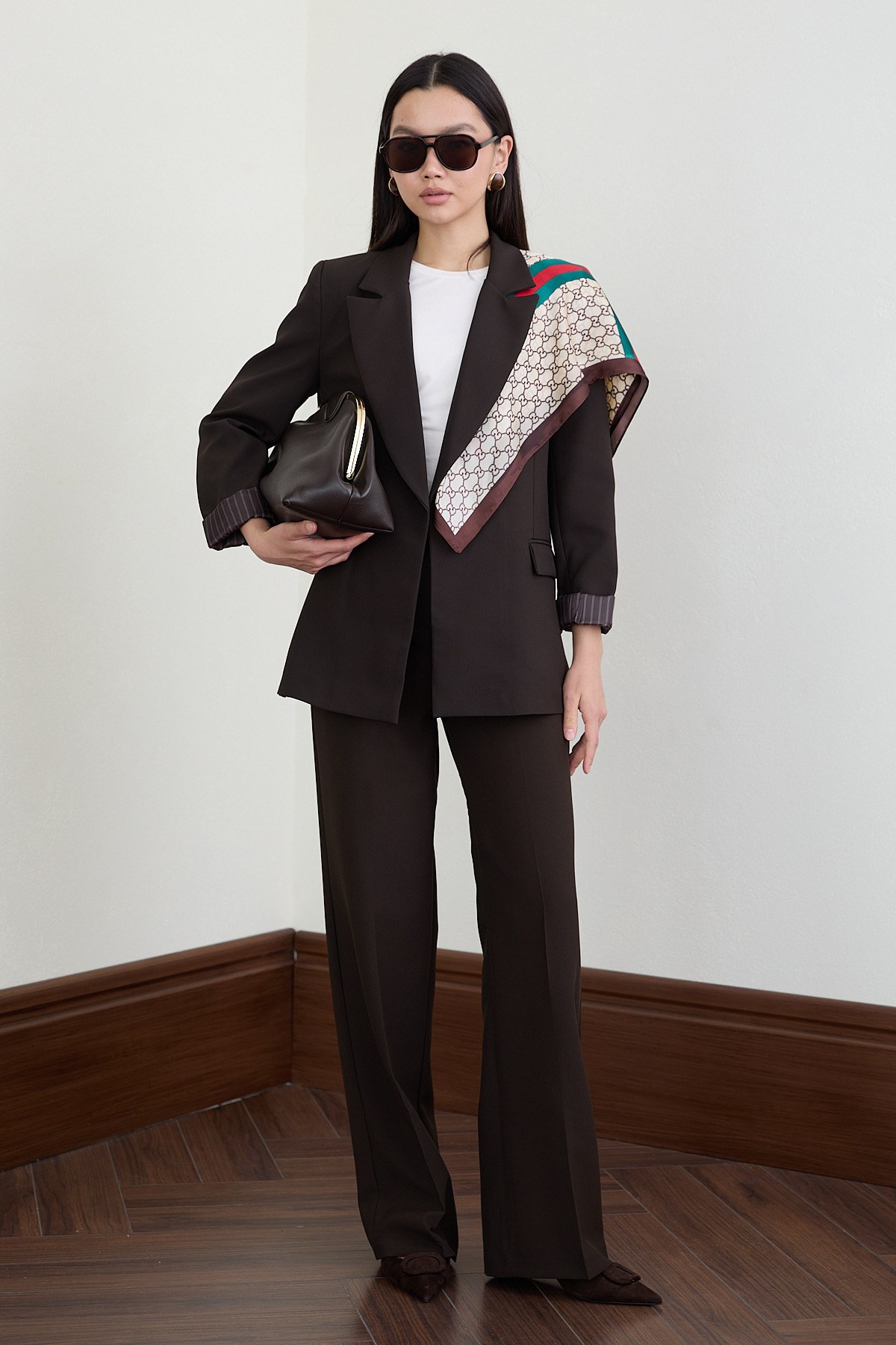 Çizgili Blazer Ceket Pantolon Takım - KAHVE