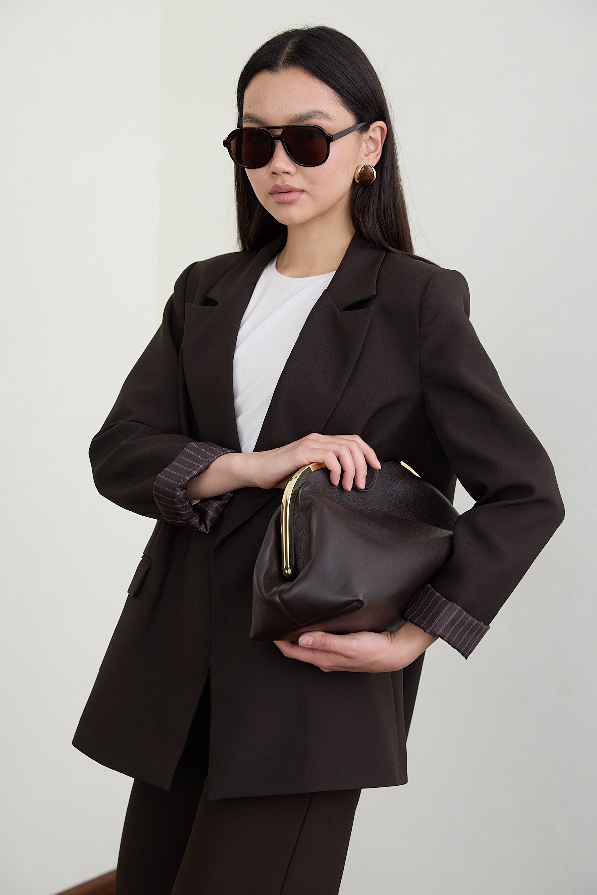 Çizgili Blazer Ceket Pantolon Takım - KAHVE