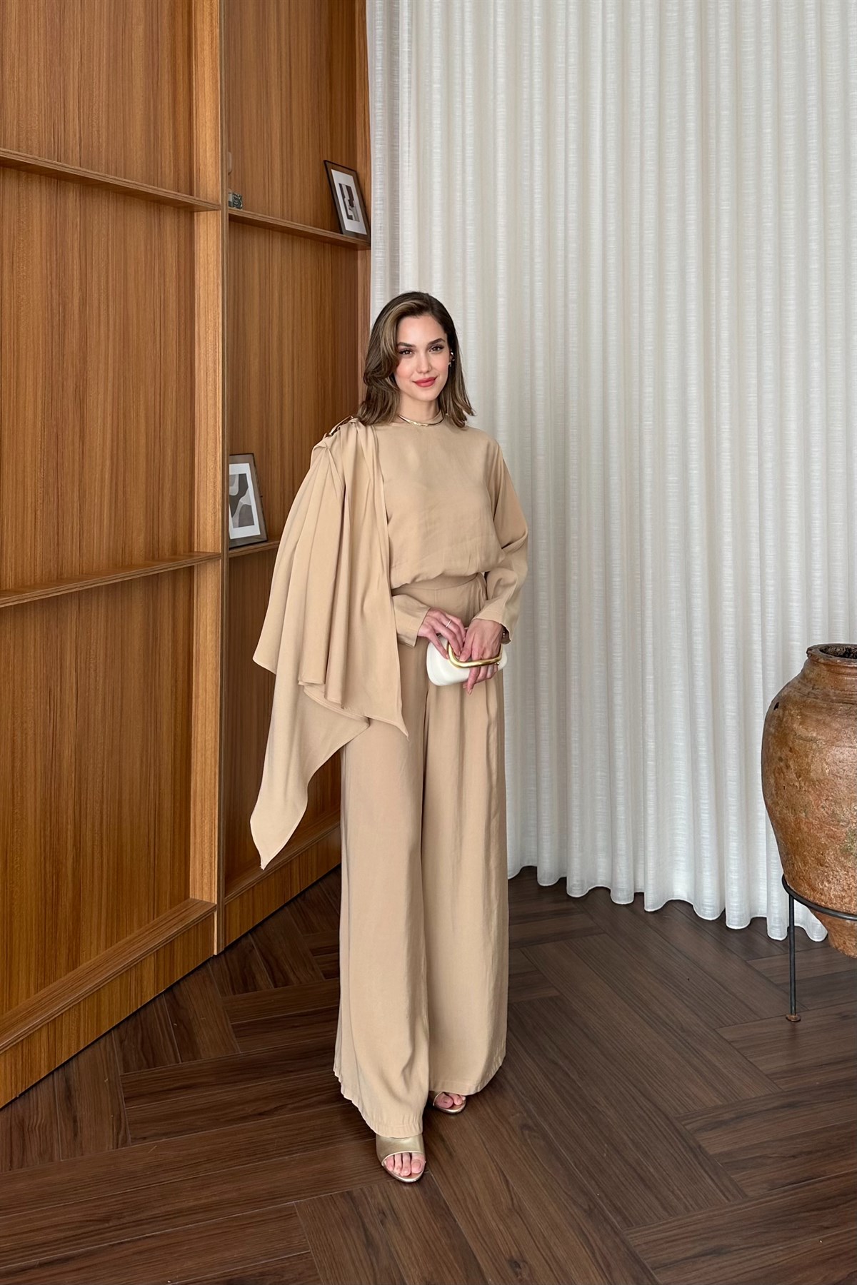 Damla Aksesuarlı Pantolon Takım - CAMEL