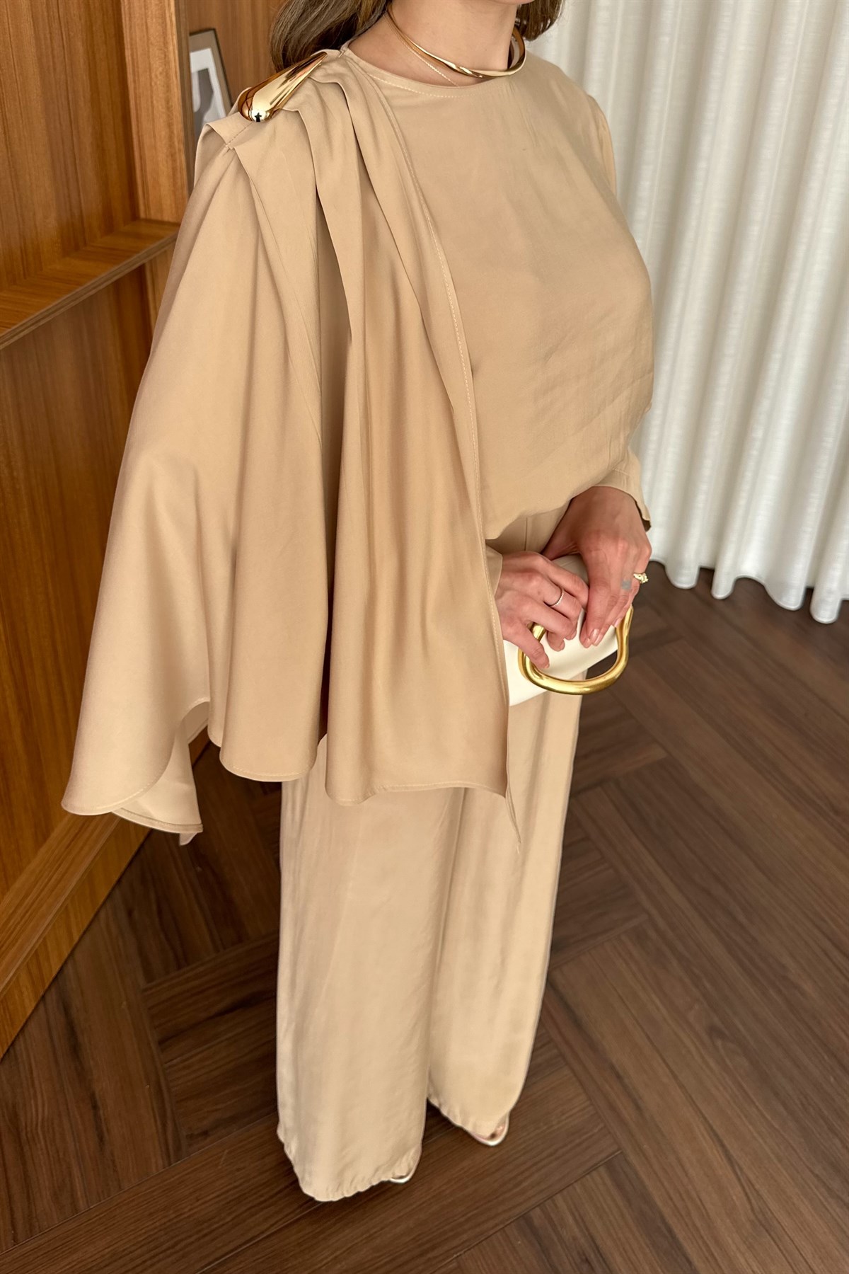 Damla Aksesuarlı Pantolon Takım - CAMEL