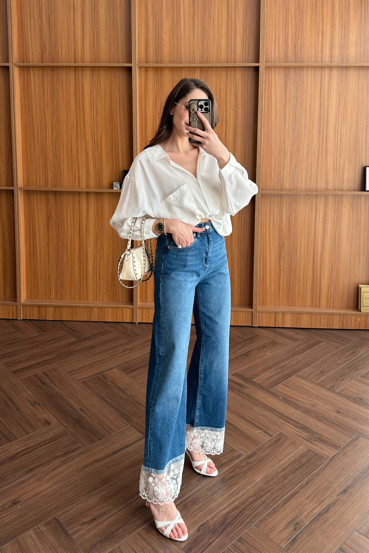 Dantel Detaylı Denim Pantolon - MAVİ