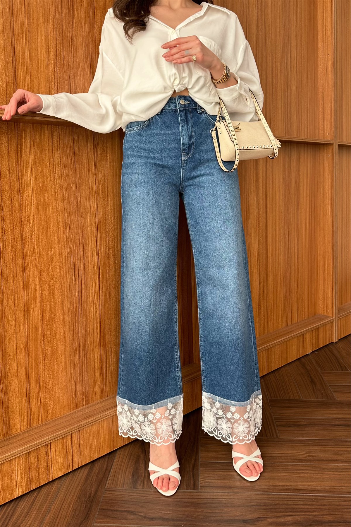 Dantel Detaylı Denim Pantolon - MAVİ
