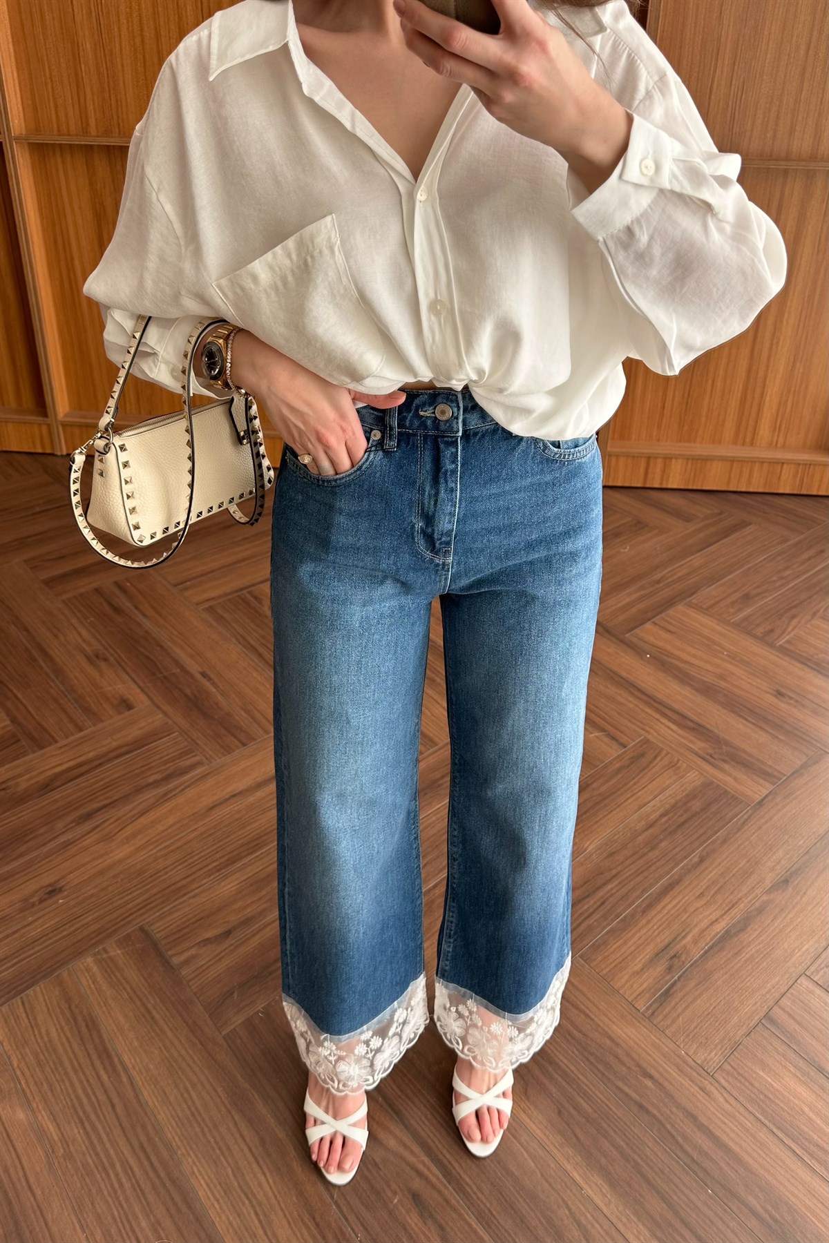 Dantel Detaylı Denim Pantolon - MAVİ