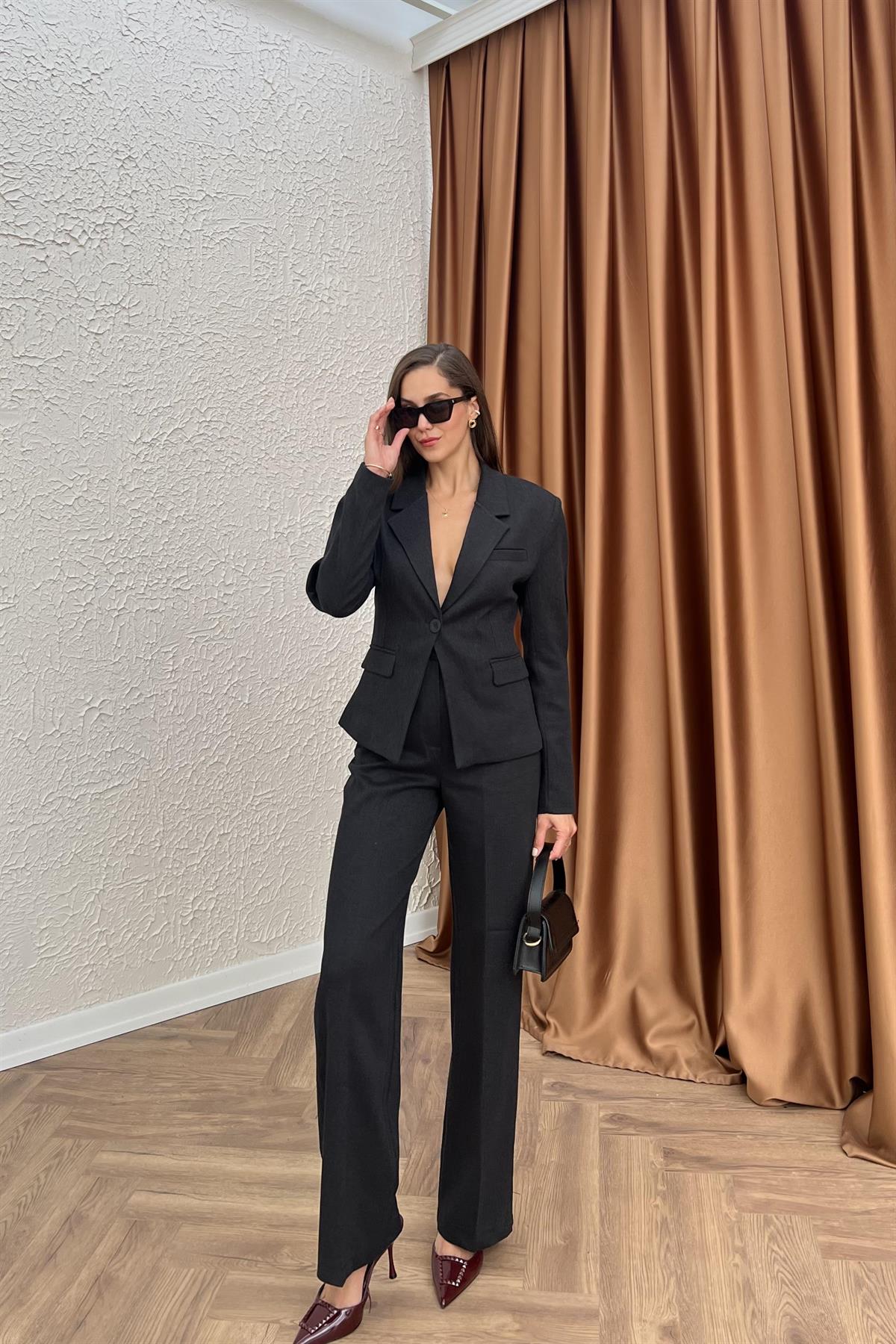 Diagonel Blazer Pantolonlu Takım - SİYAH