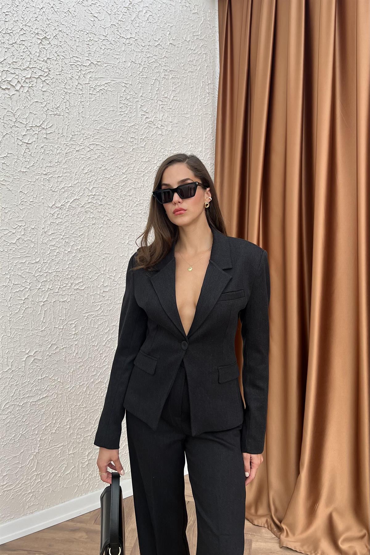 Diagonel Blazer Pantolonlu Takım - SİYAH