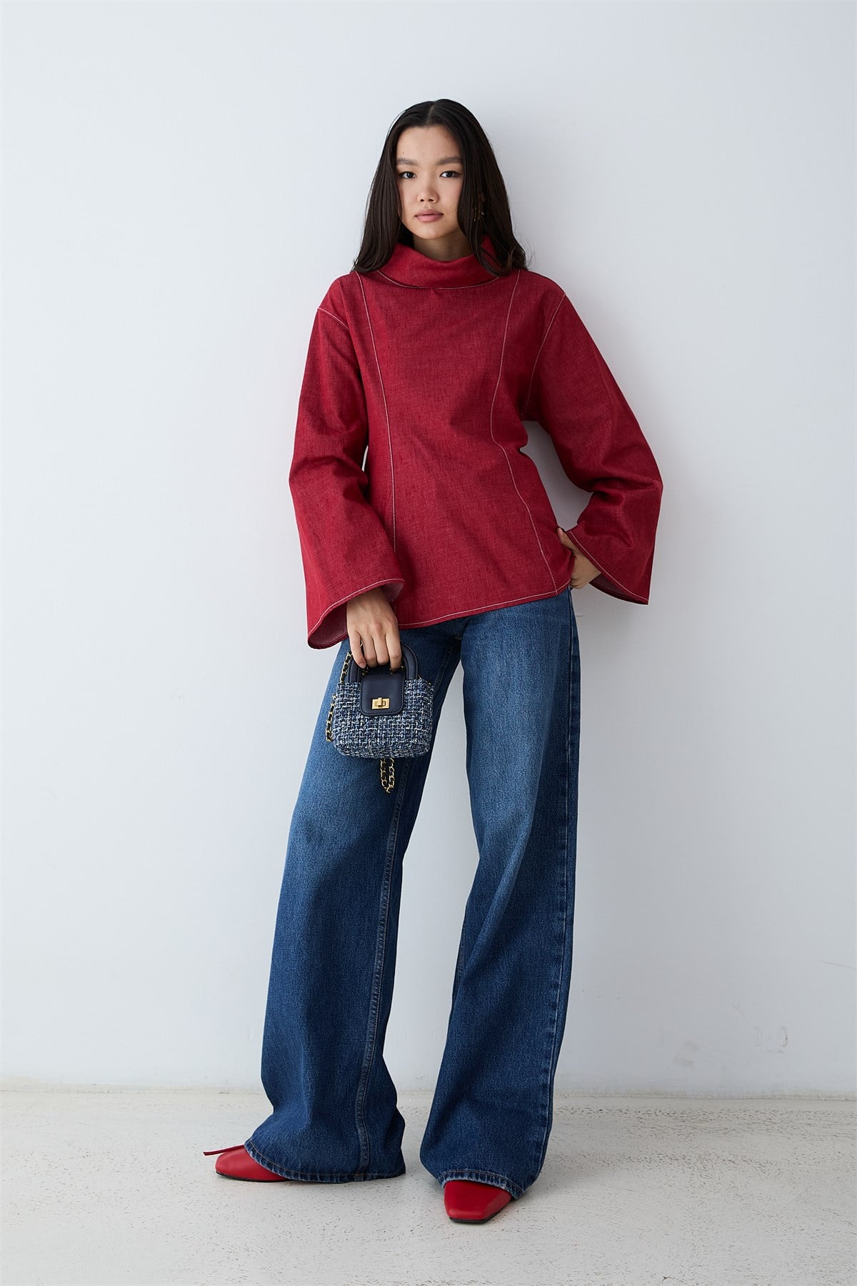 Dik Yaka Denim Gömlek - KIRMIZI