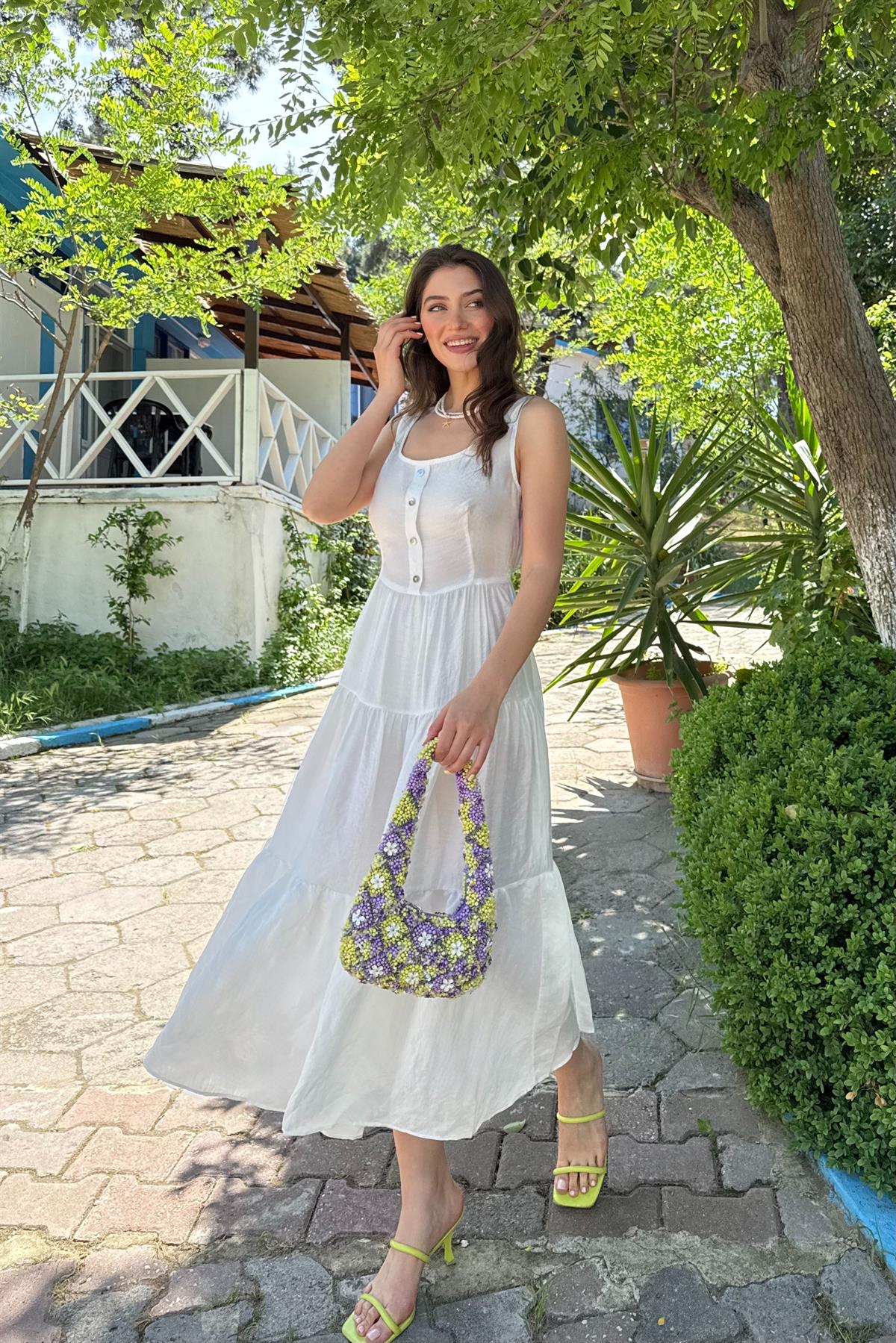 Düğme Detyalı Modal Elbise - EKRU