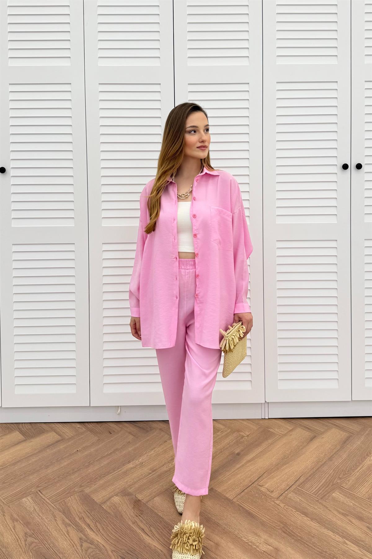 Düğmeli Modal Pantolonlu Takım - PEMBE