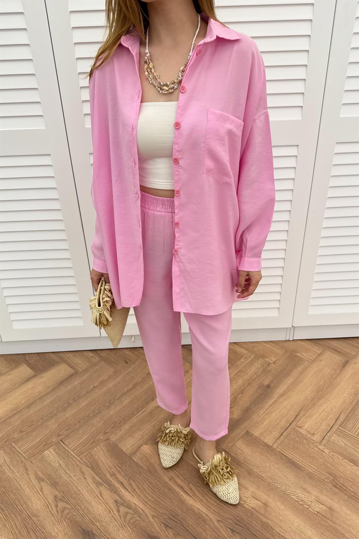 Düğmeli Modal Pantolonlu Takım - PEMBE