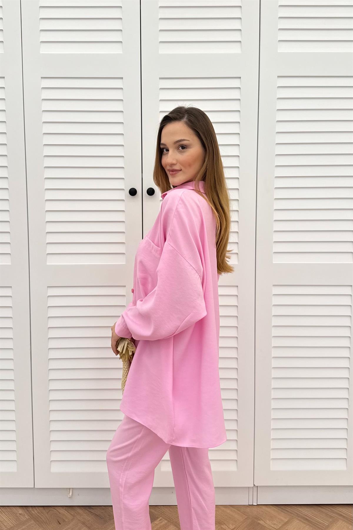 Düğmeli Modal Pantolonlu Takım - PEMBE